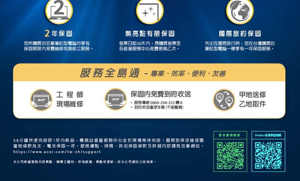 22年保固無亮點有限保固國際旅約保固您所購買的宏碁筆記型電腦均享有保固期限免費維修或換修之服務。發票日起30天内,憑購買發票至各直營服務中心免費更換乙次。外出在國際旅行時,您在台灣購買的筆記型電腦一樣享有一年保固服務。服務全島通-專業效率、便利、友善工程師acer現場維修保固內免費到府收送服務專線 0800-258-222 轉 8到府收送僅限本島(不含離島)地送修乙地取件58分鐘快速修限1年內新品,需親自直營服務中心並於現場等待完修國際旅保依維修國當地條款為主;電池保固一年。服務據點、時間、其他保固條款及詳細內容請見宏碁網站。https://www.acer.com/tw-zh/support本公司保留服務內容異動、解釋之權利,若有誤植、異動或更新,依本公司網站公告為準。更多服務Precdator延長保固登錄