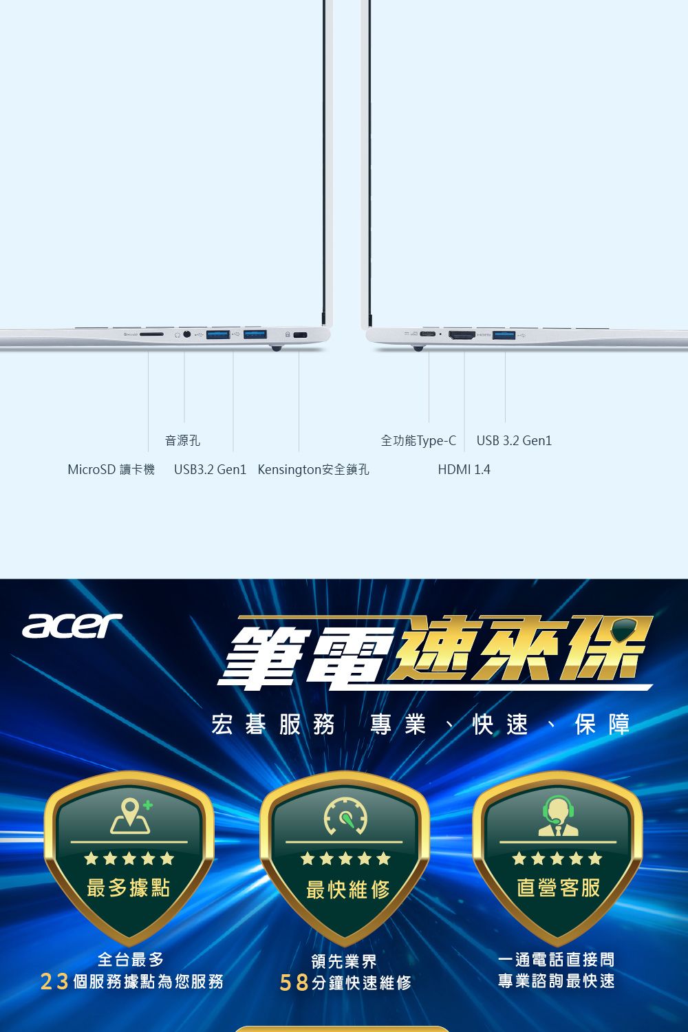 音源孔全功能Type-CUSB 3.2 Gen1MicroSD 讀卡機 USB3.2 Gen1 Kensington安全鎖孔HDMI 1.4acer筆電速保宏碁服務 專業、快速、保障最多據點最快維修直營客服全台最多領先業界一通電話直接問23個服務據點為您服務58分鐘快速維修專業諮詢最快速