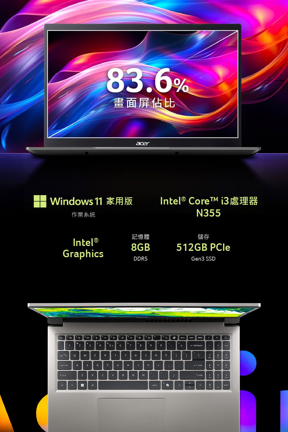 inows 11作業系統3.%畫面屏佔比aer記憶體tel®8GraphicsDDRntel® ore N355dG12345 c6789WERTUP DFG CBNMInLalt 6儲存512GB PCleGen3 SSDaIAAnum789453enter