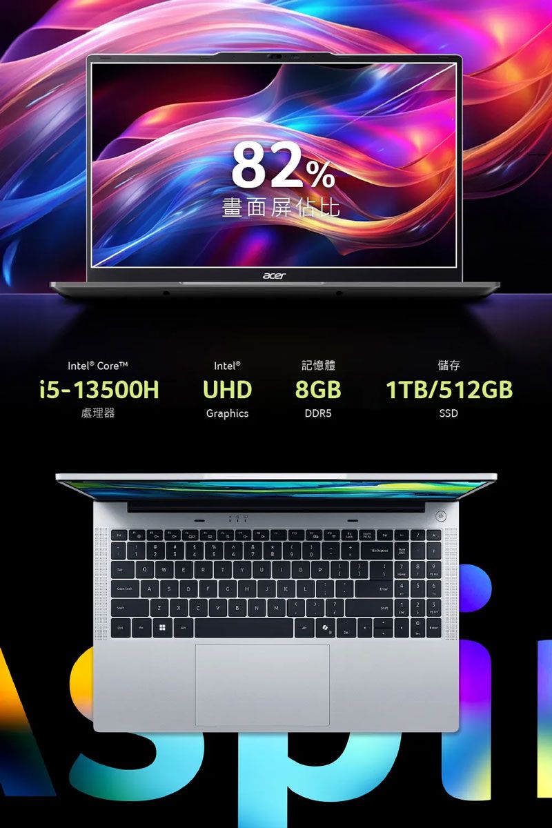 82%畫面屏佔比acer CoreInl®記憶體i-3500HUHD8GB儲存1B/512GB處理器GraphicsDDR5SD34S9ET1 DGHKLMte4P5