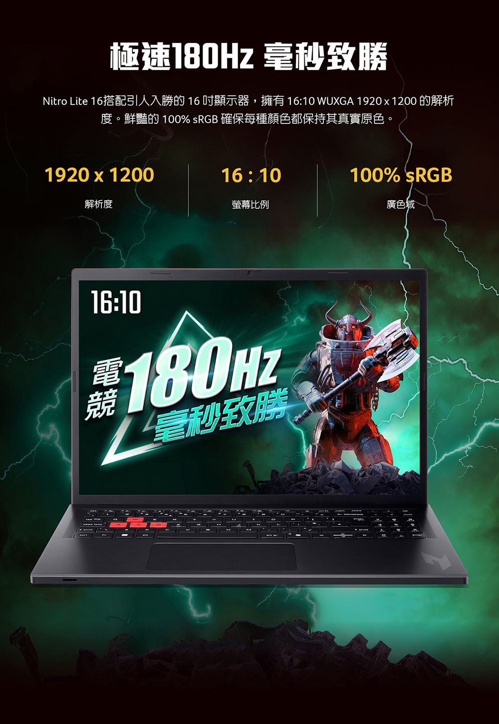 極速180Hz 毫秒致勝Nitro Lite 16搭配引人入勝的16顯示器,擁有 16:10 WUXGA 19201200 的解析度。鮮豔的 100% sRGB 確保每種顏色都保持其真實原色。1920 x 120016:10100% sRGB解析度螢幕比例廣色域16:10180HZ毫秒致勝