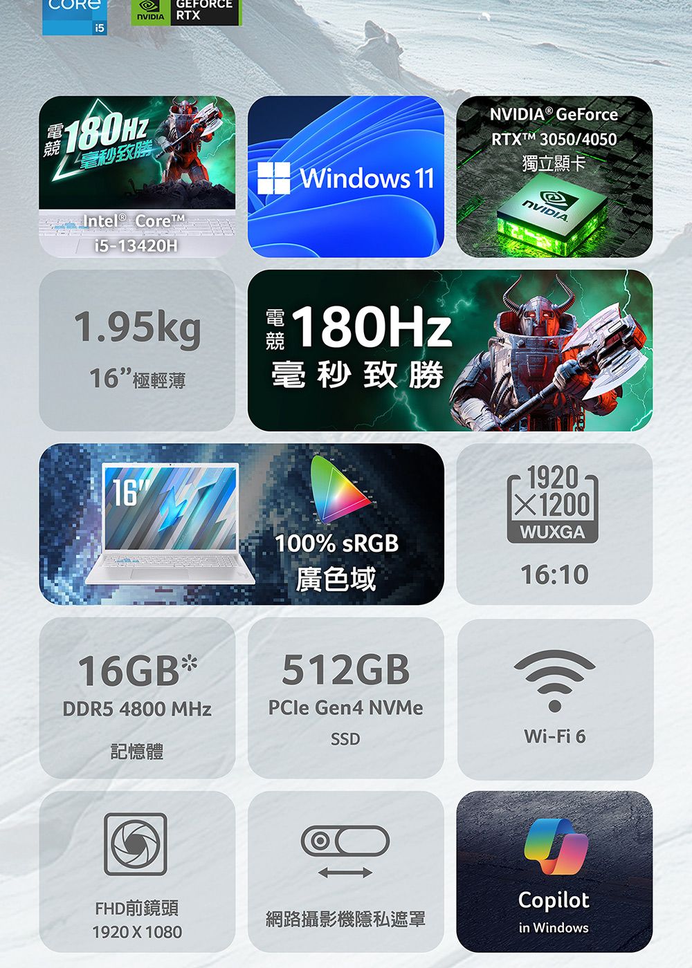 GEFORCE RT180HZIntel® Corei5-13420HWindows 11® GeForce 3050/4050獨立顯卡NVIDIA1.95kg16極輕薄180Hz毫秒致勝1616GB*DDR5 4800 MHz記憶體1920WUXGA100% sRGB廣色域16:10512GB Gen4 NVMeSSDWi-Fi 6FHD前鏡頭Copilot網路攝影機隱私遮罩1920 X 1080in Windows