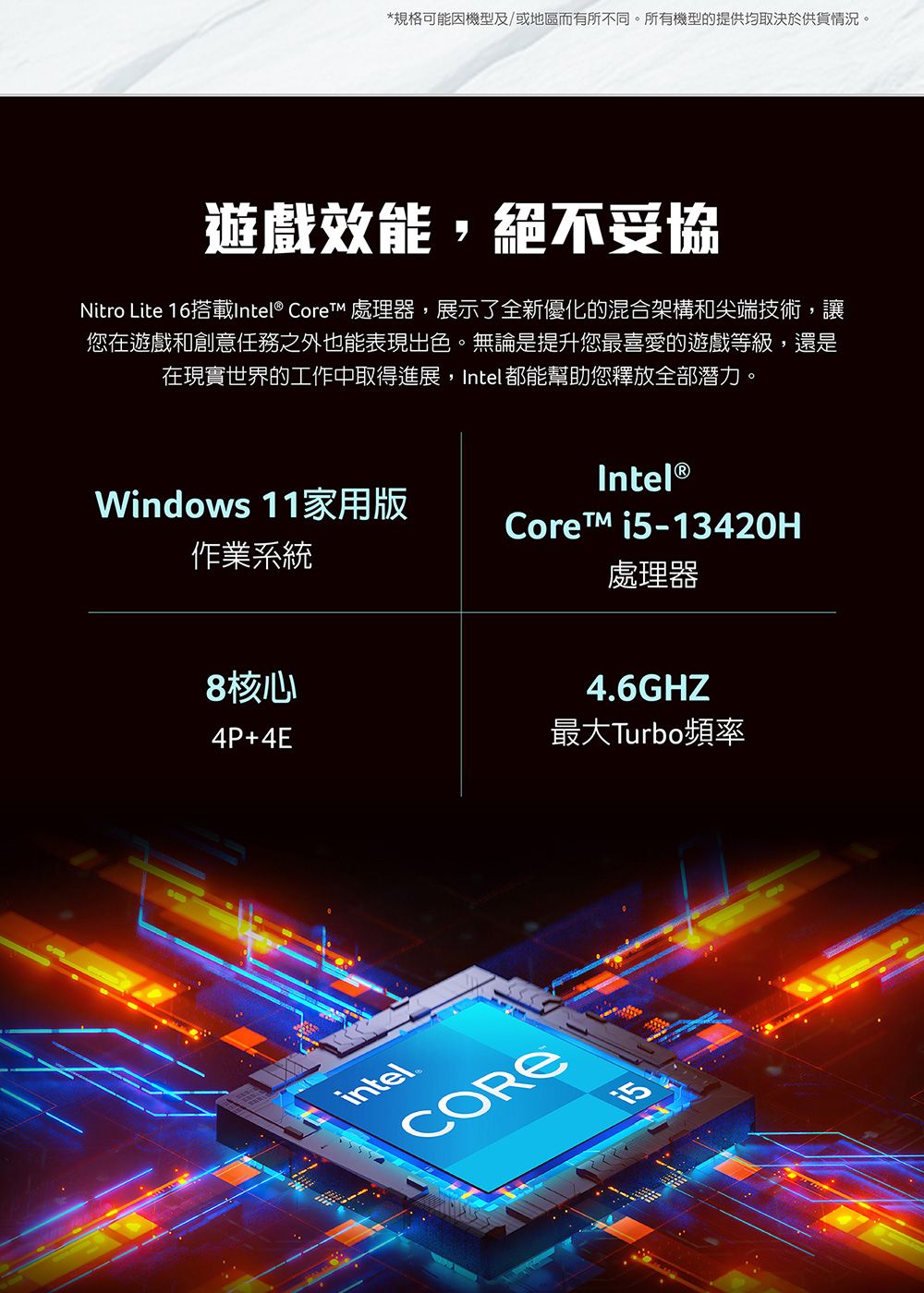 *規格可能機型及/或地區而有所不同。所有機型的提供均取決於供貨情況。遊戲效能,絕不妥協Nitro Lite 16搭載Intel® Core 處理器,展示了全新優化的混合架構和尖端技術,讓您在遊戲和創意任務之外也能表現出色。無論是提升您最喜愛的遊戲等級,還是在現實世界的工作中取得進展,Intel 都能幫助您釋放全部潛力。Intel®Windows 11家用版Core™ i513420H作業系統處理器-8核心4P+4E4.6GHZ最大Turbo頻率intel®CORE
