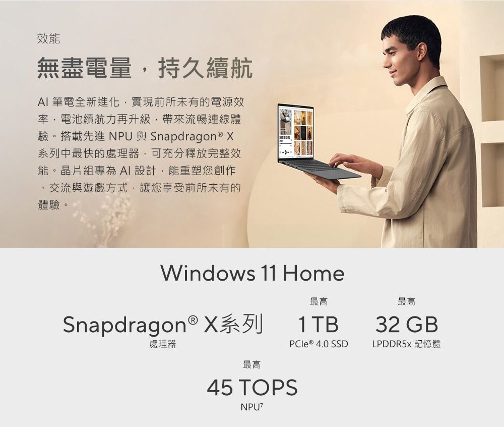 效能無盡電量持久續航AI 筆電全新進化實現前所未有的電源效率,電池續航力再升級,帶來流暢連線體驗。搭載先進 NPU 與Snapdragon ® X系列中最快的處理器,可充分釋放完整效能。晶片組專為AI 設計,能重塑您創作·交流與遊戲方式,讓您享受前所未有的體驗。Windows 11 HomeSnapdragon ® X系列處理器最高1TB最高32 GB ® 4.0 SSDLPDDR5 記憶體最高45 TOPSNPU?