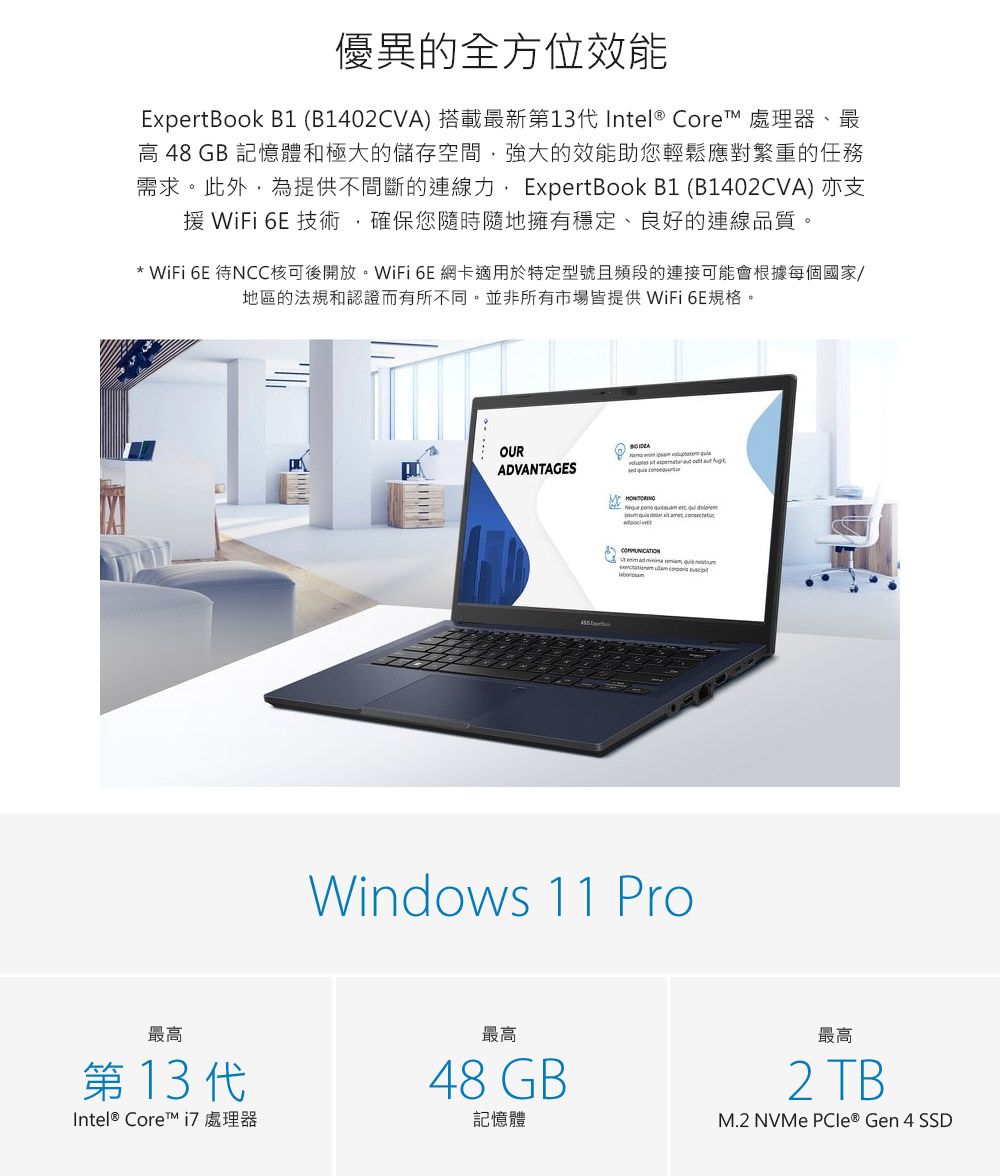 優異的全方位效能ExpertBook B1 (B1402CVA) 搭載最新第13代Intel® Core 處理器、最高 48 GB 記憶體和極大的儲存空間強大的效能助您輕鬆應對繁重的任務需求。此外為提供不間斷的連線 ExpertBook B1 (B1402CVA) 亦支援WiFi 6E 技術,確保您隨時隨地擁有穩定、良好的連線品質。* WiFi 6E 待NCC核可後開放。WiFi 6E 網卡適用於特定型號且頻段的連接可能會根據每個國家/地區的法規和認證而有所不同。並非所有市場皆提供 WiFi6E規格。最高第13代Intel® Core™  處理器OURADVANTAGES          aut        ,   ad Windows 11 Pro最高48 GB記憶體最高2 TBM.2 NVMe PCIe ® Gen 4 SSD