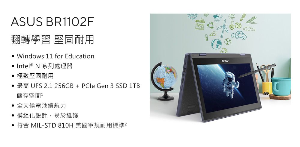 ASUS BR102F翻轉學習 堅固耐用 Windows 11 for Education Intel® N 系列處理器極致堅固耐用最高 UFS 2.1256GB+PCle Gen 3 SSD 1TB儲存空間1全天候電池續航力模組化設計,易於維護 符合 MIL-STD 810H 美國軍規耐用標準