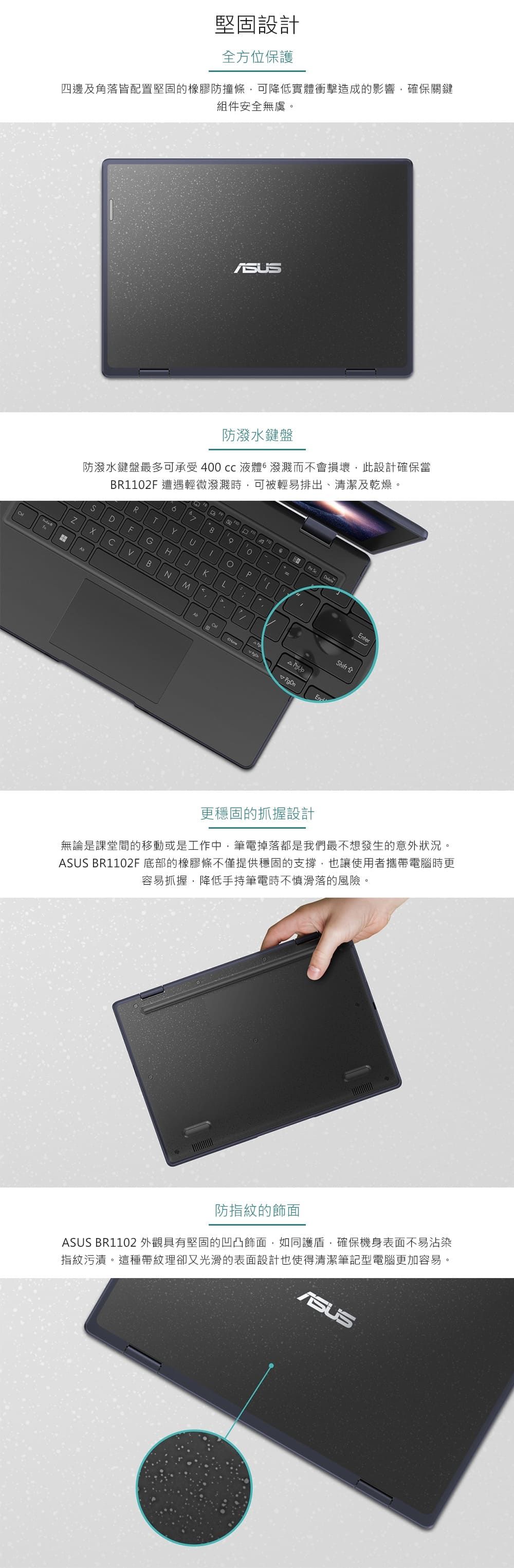 堅固設計全方位保護四邊及角落皆配置堅固的橡膠防撞條可降低實體衝擊造成的影響,確保關鍵組件安全無虞防潑水鍵盤防潑水鍵盤最多可承受液體潑濺而不會損壞,此設計確保當BR112F 遭遇輕微潑濺時,可被輕易排出、清潔及乾燥。8。0RYPDFGHKLBNM DeleteEnterShiftPgDn更穩固的抓握設計無論是課堂間的移動或是工作中,筆電掉落都是我們最不想發生的意外狀況。 BR1102F 底部的橡膠條不僅提供穩固的支撐,也讓使用者攜帶電腦時更容易抓握,降低手持筆電時不慎滑落的風險。防指紋的飾面ASUS BR1102 外觀具有堅固的凹凸飾面,如同護盾,確保機身表面不易沾染指紋污漬。這種帶紋理卻又光滑的表面設計也使得清潔筆記型電腦更加容易。ASUS