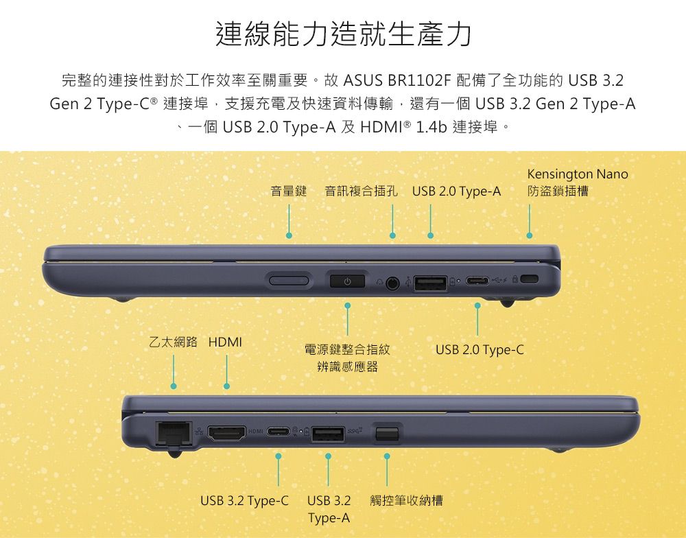 連線能力造就生產力完整的連接性對於工作效率至關重要。故ASUS BR1102F 配備了全功能的USB 3.2Gen 2 Type-C  連接埠,支援充電及快速資料傳輸,還有一個 USB 3.2 Gen 2 Type-A一個 USB 2.0 Type-A 及HDMI® 1.4b 連接埠。Kensington Nano音量鍵 音訊複合插孔 USB 2.0 Type-A防盜鎖插槽乙太網路 HDMI電源鍵整合指紋USB 2.0 Type-C辨識感應器USB 3.2 Type-C USB 3.2 觸控筆收納槽Type-A