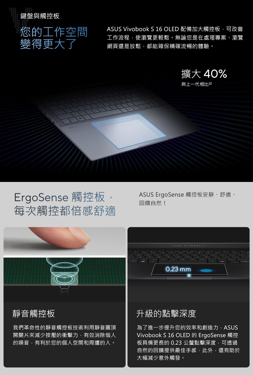 鍵盤與觸控板您的工作空間變得更大了ASUS Vivobook S 16 OLED 配備加大觸控板可改善工作流程,使瀏覽更輕鬆。無論您是在處理專案、瀏覽網頁還是放鬆,都能確保精確流暢的體驗。擴大40%與上一代相比2ErgoSense 觸控板,ASUS ErgoSense 觸控板安靜、舒適、回饋自然!每次觸控都倍感舒適ASUS 0.23mm靜音觸控板我們革命性的靜音觸控板技術利用靜音圓頂開關片來減少按壓的衝擊力,有效消除惱人的噪音,有利於您的個人空間和周遭的人。升級的點擊深度為了進一步提升您的效率和創造力,ASUSVivobook S 16 OLED ErgoSense板具備更長的0.23 公釐點擊深度,可透過自然的回饋提供最佳手感,此外,還有助於大幅減少意外觸發。