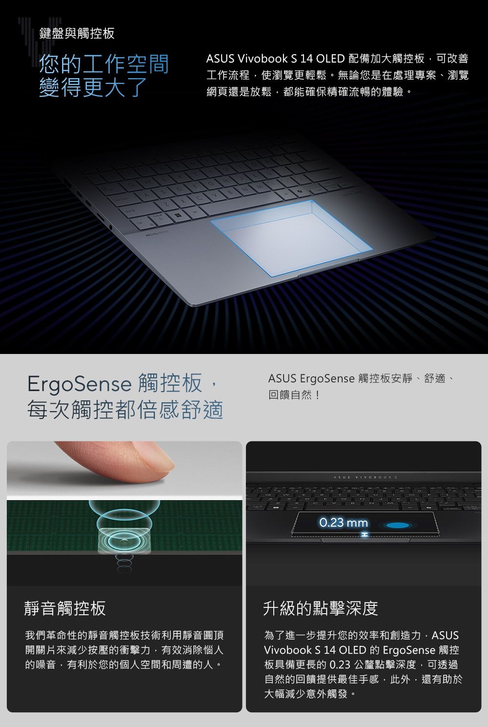 鍵盤與觸控板您的工作空間變得更大了ASUS Vivobook S 14 OLED 配備加大觸控板可改善工作流程使瀏覽更輕鬆。無論您是在處理專案、瀏覽網頁還是放鬆都能確保精確流暢的體驗。ErgoSense 觸控板,每次觸控都倍感舒適ASUS ErgoSense 觸控板安靜、舒適、回饋自然!ASUS0.23 mm靜音觸控板我們革命性的靜音觸控板技術利用靜音圓頂開關片來減少按壓的衝擊力,有效消除惱人的噪音,有利於您的個人空間和周遭的人。升級的點擊深度為了進一步提升您的效率和創造力,ASUSVivobook S 14 OLED ErgoSense板具備更長的0.23 公釐點擊深度,可透過自然的回饋提供最佳手感,此外,還有助於大幅減少意外觸發。