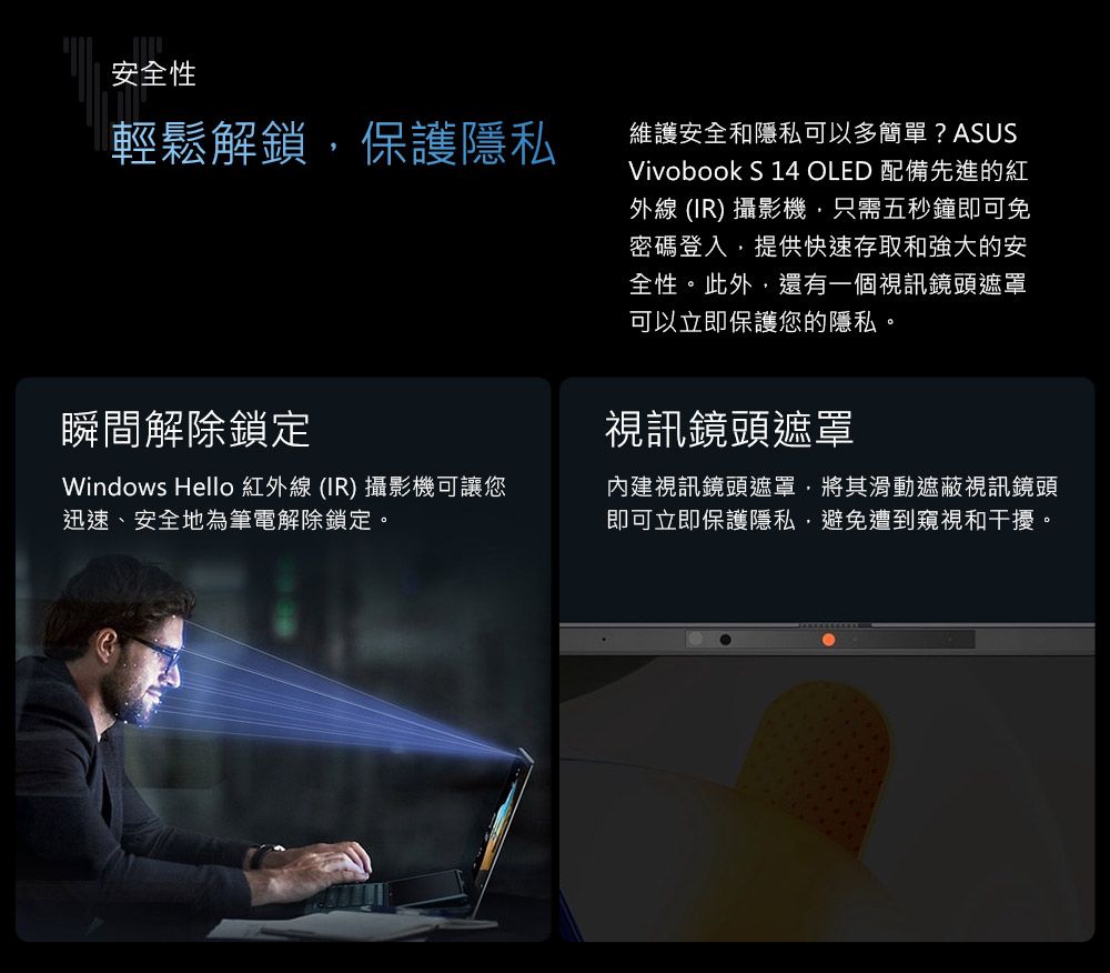 安全性輕鬆解鎖保護隱私維護安全和隱私可以多簡單? ASUSVivobook S 14 OLED 配備先進的外線 (IR) 攝影機只需五秒鐘即可免密碼登入提供快速存取和強大的安全性。此外,還有一個視訊鏡頭遮罩可以立即保護您的隱私。瞬間解除鎖定Windows Hello 紅外線 (IR) 攝影機可讓您迅速、安全地為筆電解除鎖定。視訊鏡頭遮罩內建視訊鏡頭遮罩,將其滑動遮蔽視訊鏡頭即可立即保護隱私,避免遭到窺視和干擾。