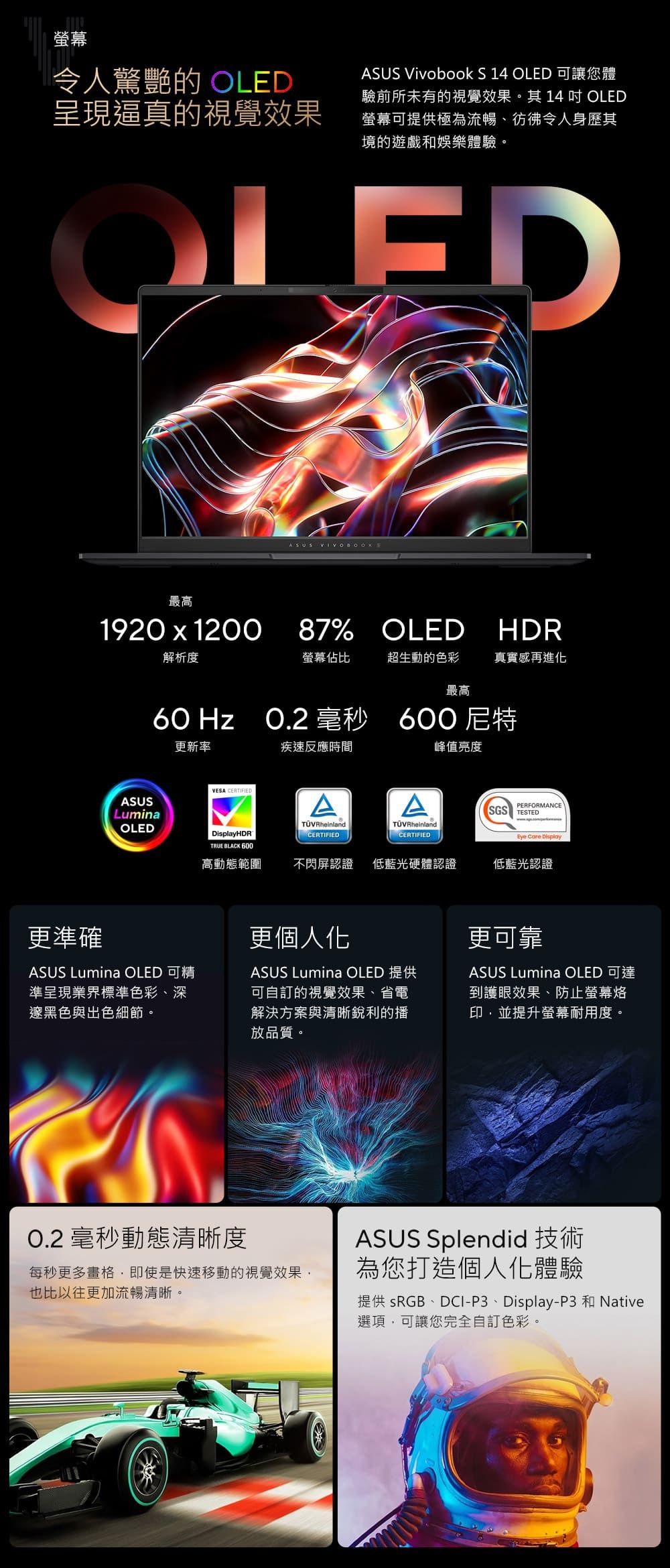 螢幕令人驚艷的OLED呈現逼真的視覺效果ASUS Vivobook S  OLED 可讓您體驗前所未有的視覺效果。其 14  OLED螢幕可提供極為流暢彷彿令人身歷其境的遊戲和娛樂體驗。OLED最高1920  1200解析度ASUS 87% OLED HDR螢幕佔比超生動的色彩真實感再進化最高 HzO.2 毫秒 600 尼特更新率疾速反應時間峰值亮度VESA CERTIFIEDASUSLuminaAAPERFORMANCESGS TESTEDTÜVRheinlandOLEDDisplayHDRCERTIFIEDTÜVRheinlandCERTIFIEDEye Care DisplayTRUE BLACK 600高動態範圍不閃屏認證 低藍光硬體認證低藍光認證更準確更個人化ASUS Lumina OLED 可精準呈現業界標準色彩、深邃黑色與出色細節。ASUS Lumina OLED 提供可自訂的視覺效果、省電解決方案與清晰銳利的播放品質。更可靠ASUS Lumina OLED 可達到護眼效果、防止螢幕烙印,並提升螢幕耐用度。O.2 毫秒動態清晰度每秒更多畫格,即使是快速移動的視覺效果,也比以往更加流暢清晰。ASUS Splendid 技術為您打造個人化體驗提供 sRGB、DCI-P3、Display-P3 和 Native選項,可讓您完全自訂色彩。