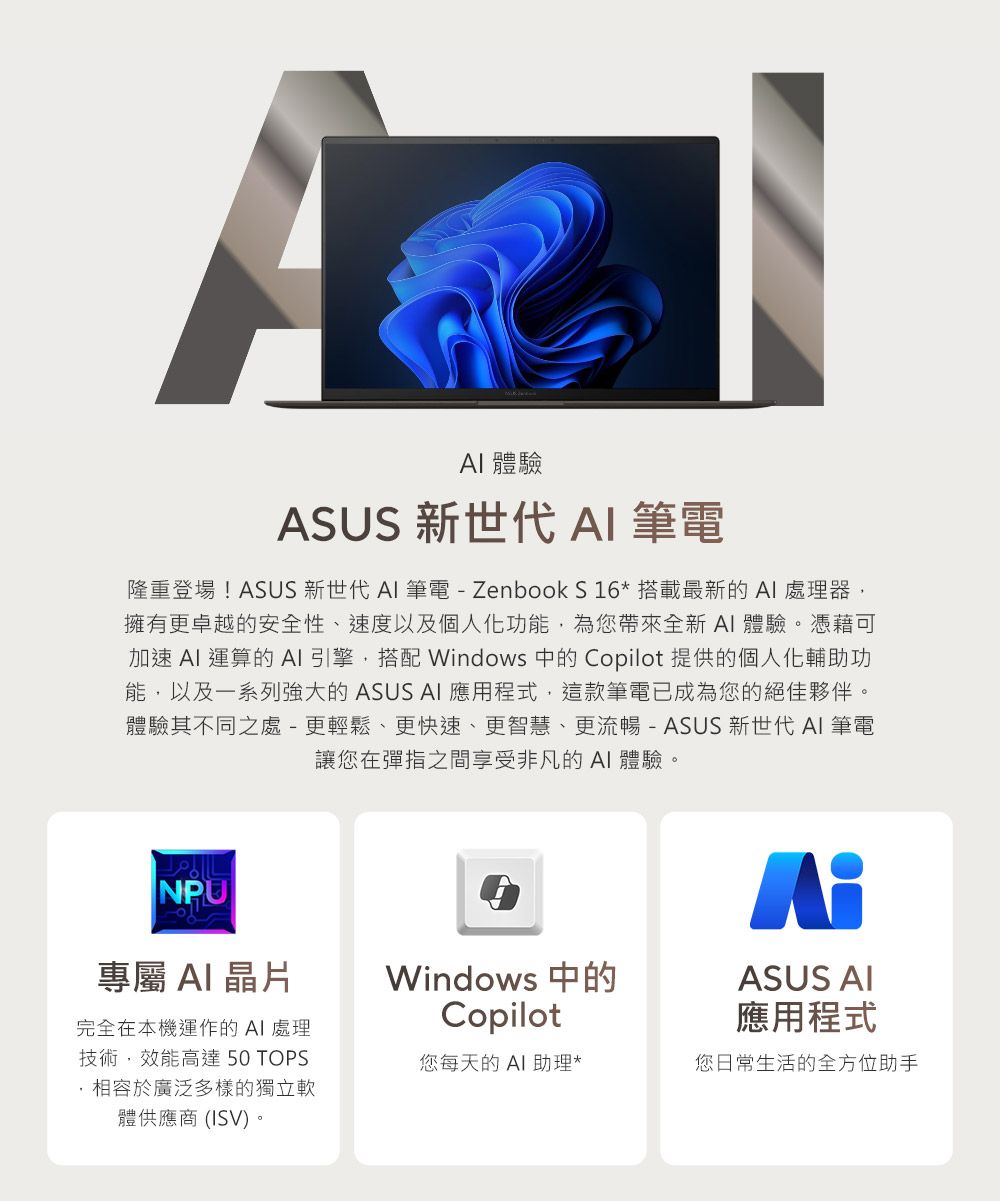 體驗ASUS 新世代  筆電隆重登場!ASUS 新世代 AI 筆電-Zenbook S16* 搭載最新的AI處理器擁有更卓越的安全性、速度以及個人化功能,為您帶來全新AI 體驗。憑藉可加速 AI 運算的 AI 引擎,搭配 Windows 中的 Copilot 提供的個人化輔助功能,以及一系列強大的 ASUS AI 應用程式,這款筆電已成為您的絕佳夥伴。體驗其不同之處-更輕鬆、更快速、更智慧、更流暢-ASUS 新世代 AI 筆電讓您在彈指之間享受非凡的AI 體驗。NPUAi專屬AI晶片Windows 中的CopilotASUS AI完全在本機運作的 AI 處理技術,效能高達 50 TOPS,相容於廣泛多樣的獨立體供應商(ISV)。應用程式您每天的AI助理*您日常生活的全方位助手