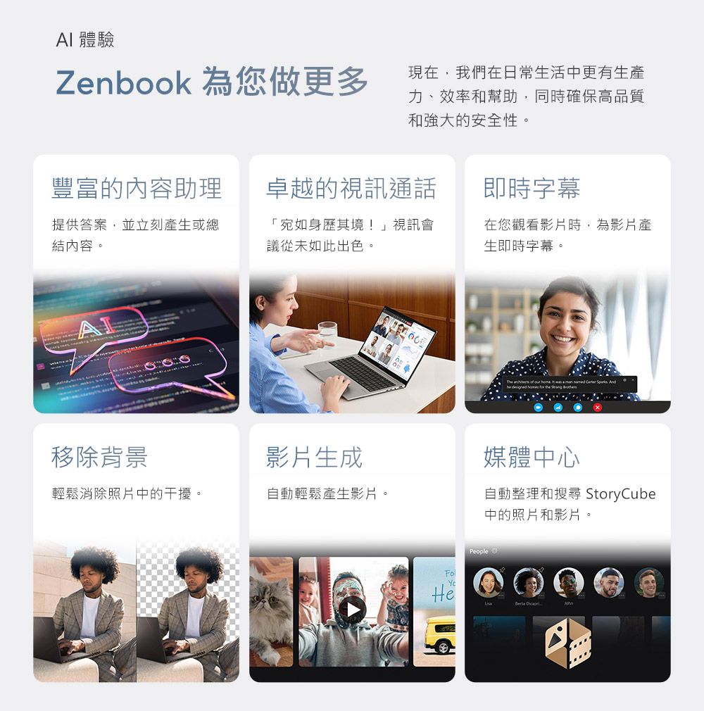 體驗Zenbook 為您做更多現在,我們在日常生活中更有生產力、效率和幫助,同時確保高品質和强大的安全性。豐富的內容助理卓越的視訊通話即時字幕提供答案,並立刻產生或總結內容。「宛如身歷其境!」視訊會議從未如此出色。在您觀看影片時,為影片產生即時字幕。             the  移除背景影片生成媒體中心輕鬆消除照片中的干擾。自動輕鬆產生影片。自動整理和搜尋 StoryCube中的照片和影片。FolPeopleHe