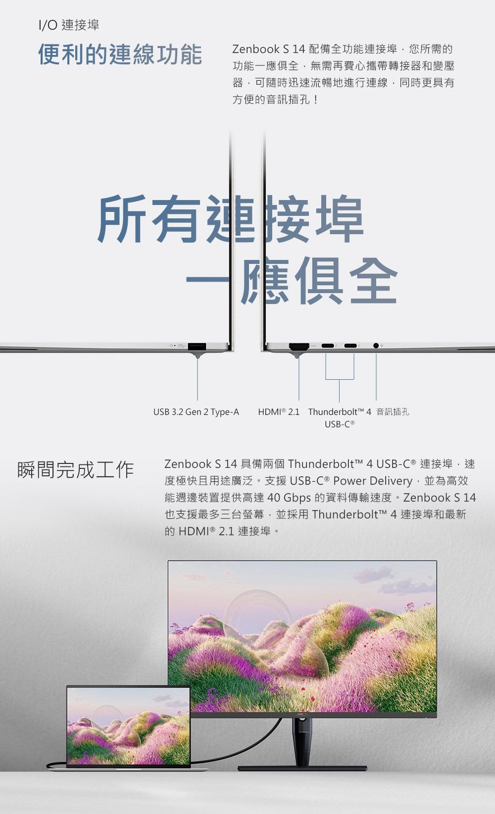 /O 連接埠便利的連線功能Zenbook S 14配備全功能連接埠您所需的功能一應俱全無需再費心攜帶轉接器和變壓器可隨時迅流暢地進行連線,同時更具有方便的音訊插孔!所有連接埠一應俱全瞬間完成工作USB 3.2 Gen 2 Type-A HDMI ® 2.1 Thunderbolt 4 音訊插孔USB-Zenbook S 14 具備兩個 Thunderbolt™ 4 USB-C ® 連接埠,速度極快且用途廣泛支援 USB-C® Power Delivery,並為高效能週邊裝置提供高達40 Gbps 的資料傳輸速度。Zenbook S 14也支援最多三台螢幕,並採用 Thunderbolt™ 4 連接埠和最新的HDMI ® 2.1 連接埠。