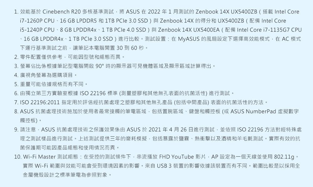 . 效能基於 Cinebench R20 多核基準測試將 ASUS 在2022年月測試的 Zenbook 14XUX5400ZB(搭載Intel Core CPU16 GB LPDDR5 和 1TB  3.0 )與Zenbook 14X 的得分和UX5400ZB(配備 Intel Corei5-1240P CPU8 GB LPDDR4x1 TB PCle 4.0 SSD)與Zenbook 14X UX5400EA (配備 Intel Core i7-1135G7 CPU、16 GB LPDDR4X、1 TB  3.0 SSD)進行比較。測試設置在MyASUS 的風扇設定下選擇高效能模式在AC模式下運行基準測試之前讓筆記本電腦30到60秒。2. 零件配置僅供參考,可能因型號和組態而異。3. 佔比係根據筆記型電腦開啟90°時的顯示器可見機體區域及顯示區域計算得出。4. 廣視角螢幕為選購項目。5. 重量可能依據規格而有不同。6. 由獨立第三方實驗室根據 ISO 22196 標準 (測量塑膠和其他無孔表面的抗菌活性)進行測試。7. ISO 22196:2011 指定用於評估經抗菌處理之塑膠和其他無孔產品(包括中間產品)表面的抗菌活性的方法。8. ASUS 抗菌處理技術施加於使用者最常接觸的筆電區域,包括置腕區域、鍵盤和觸控板(或ASUS NumberPad 虛擬數字觸控板)。9. 請注意:ASUS 抗菌處理技術之保護效果係由ASUS 於2021 年4月26日進行測試,並依照ISO22196 方法對經特殊處理之測試樣品進行測試。上述測試提供三年的磨耗模擬,包括暴露於鹽霧、熱衝擊以及酒精和羊毛氈測試。實際有效的抗菌保護期可能因產品組態和使用情況而異。10. Wi-Fi Master 測試組態:在受控的測試條件下,串流播放 FHD YouTube 影片,AP設定為一個天線並使用802.11g。實際 Wi-Fi範圍與效能可能會受到環境因素的影響。來自 USB3裝置的影響依據該裝置而有不同。範圍比較是以採用全金屬機殼設計之標準筆電為參照對象。
