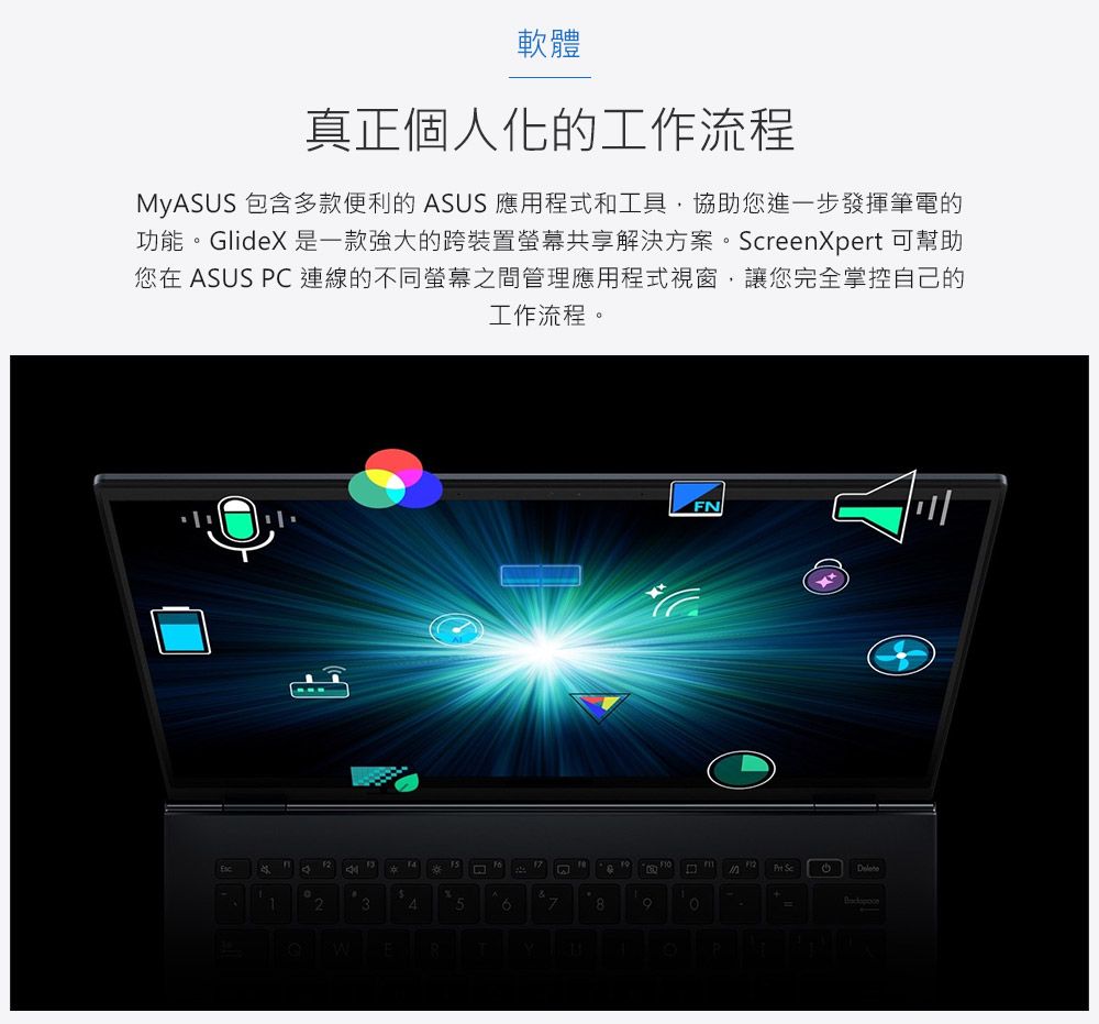 軟體真正個人化的工作流程MyAUS 包含多款便利的 ASUS 應用程式和工具協助您進一步發揮筆電的功能。GlideX 是一款強大的跨裝置螢幕共享解決方案。reeXpert 可幫助您在 ASUS PC連線的不同螢幕之間管理應用程式視窗,讓您完全掌控自己的工作流程。n17S235R&78FN Sc