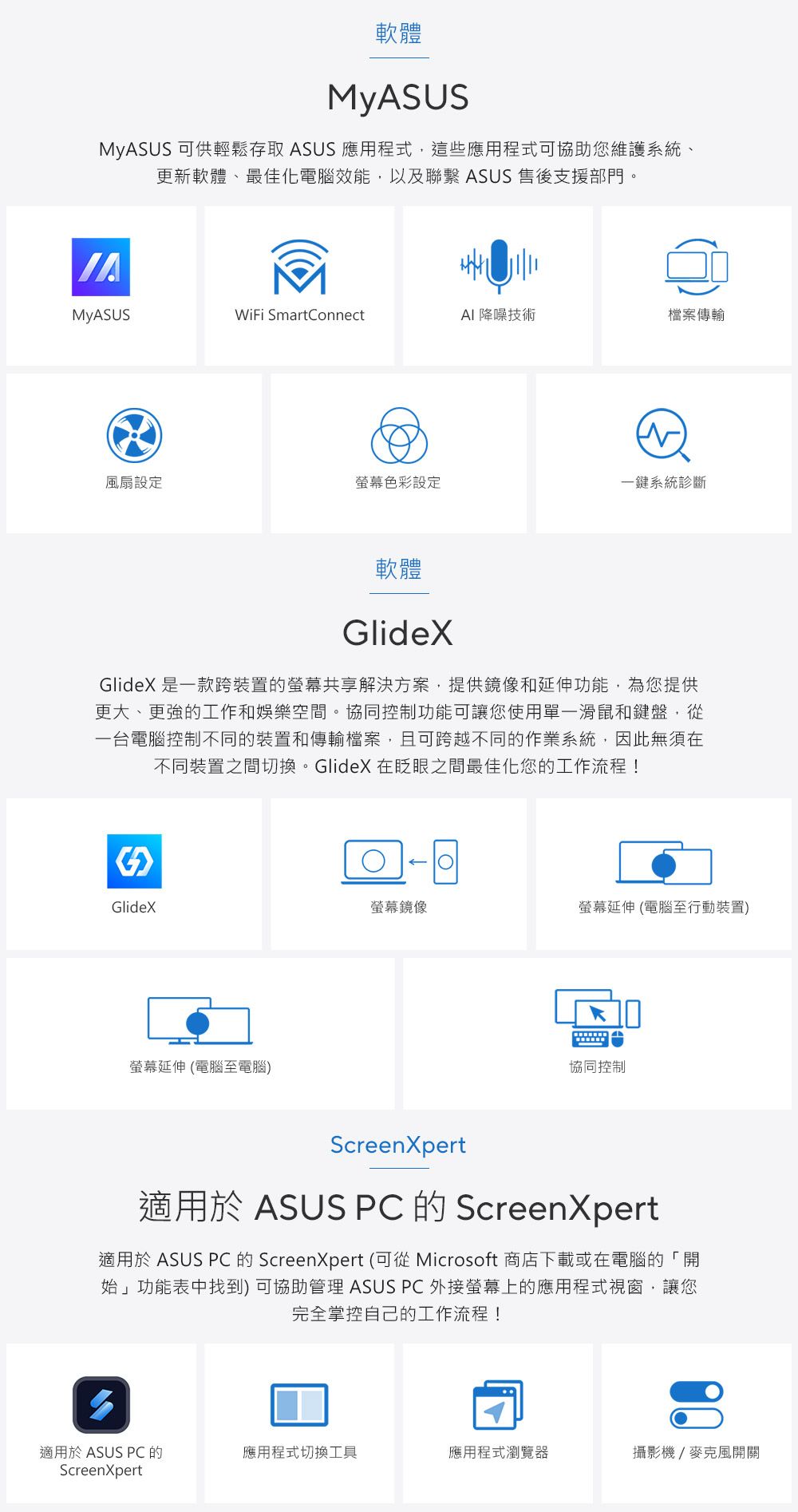 軟體MyASUSMyASUS 可供輕鬆存取 ASUS 應用程式,這些應用程式可協助您維護系統、更新軟體、最佳化電腦效能,以及聯繫 ASUS 售後支援部門。WiFi SmartConnectAI 降噪技術檔案傳輸風扇設定色彩設定一鍵系統診斷軟體GlideXGlideX 是一款跨裝置的螢幕共享解決方案,提供鏡像和延伸功能,為您提供更大、更強的工作和娛樂空間。協同控制功能可讓您使用單一滑鼠和鍵盤,從一台電腦控制不同的裝置和傳輸檔案,且可跨越不同的作業系統,因此無須在不同裝置之間切換。GlideX 在眨眼之間最佳化您的工作流程!GlideX螢幕鏡像螢幕延伸 (電腦至行動裝置)螢幕延伸(電腦至電腦)協同控制ScreenXpert適用於 ASUS PC 的 ScreenXpert適用於 ASUS PC 的 ScreenXpert (可從 Microsoft 商店下載或在電腦的「開始」功能表中找到) 可協助管理 ASUS PC 外接螢幕上的應用程式視窗,讓您完全掌控自己的工作流程!適用於 ASUS PC 的ScreenXpert應用程式切換工具應用程式瀏覽器攝影機/麥克風開關