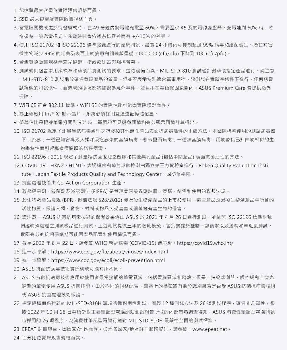 1. 記憶體最大容量依實際販售規格而異。2. SSD 最大容量依實際販售規格而異。3. 當電腦關機或處於待機模式時在49分鐘將電池充電至60%。需要至少45瓦的電源變壓器。充電達到60%時將恢復為一般充電模式。充電時間會依據系統容差而有/-10% 的差異。4. 使用ISO 21702 和 ISO 22196標準協議進行的臨床測試證實24小時內可抑制超過99% 病毒和細菌滋生。潛在有害微生物減少 99% 的定義為表面上的病毒和細菌數量從1000000 (cfu/pfu) 下降到100 (cfu/pfu)。5. 台灣實際販售規格無背光鍵盤指紋感測器與觸控螢幕。+6. 測試規則包含軍用級標準和華碩品質測試的要求並依設備而異。MIL-STD-810 測試僅針對華碩指定產品進行。請注意MIL-STD-810 測試助於確保華碩產品的質量但並不表示特別適合軍事用途。該測試在實驗室條件下進行。任何您嘗試複製的測試條件而造成的損壞都將被視為意外事件並且不在華碩保固範圍內。ASUS Premium Care 會提供額外保障。7. WiFi 6E 符合802.11 標準。WiFi 6E 的實際性能可能因實際情況而異。8. 為正確啟用 Iris® Xe 顯示晶片,系統必須採用雙通道記憶體配置。9. 螢幕佔比是根據筆電打開到 90°時,電腦的可見機身面積和有效顯示面積計算得出。10. ISO 21702 規定了測量經抗病毒處理之塑膠和其他無孔產品表面抗病毒活性的正確方法。本國際標準使用的測試病毒如下流感一種已知會導致人類呼吸道感染的套膜病毒。卡里西病毒一種無套膜病毒,用於替代已知於相似的生物學特性而引起腸道病原體的諾羅病毒。11. ISO 22196 2011 規定了測量經抗菌處理之塑膠和其他無孔產品(包括中間產品)表面抗菌活性的方法。12. COVID-19H3N2、H1N1、大腸桿菌和葡萄球菌檢測由獨立第三方實驗室進行:Boken Quality Evaluation Institute、Japan Textile Products Quality and Technology Center、國防醫學院。13. 抗菌處理技術由 Co-Action Corporation 生產。14. 聯邦殺蟲劑、殺菌劑及滅鼠劑法(FIFRA)是管理美國殺蟲劑註冊、經銷、銷售和使用的聯邦法規。15. 殺生物劑產品法規(BPR,歐盟法規528/2012)涉及殺生物劑產品的上市和使用,這些產品透過殺生物劑產品中所含的活性物質,保護人類、動物、材料或物品免害蟲或細菌等有害生物的侵害。16. 請注意: ASUS 抗菌抗病毒技術的保護效果係由 ASUS 於 2021年4月26日進行測試,並依照ISO 22196 標準對我們經特殊處理之測試樣品進行測試。上述測試提供三年的磨耗模擬,包括暴露於鹽霧、熱衝擊以及酒精和羊毛氈測試。實際有效的抗菌保護期可能因產品配置和使用情況而異。17. 截至2022年8月22日,請參閱 WHO 新冠病毒 (COVID-19) 儀表板。https://covidwho.int/瞭解:https://www.cdc.gov/flu/about/viruses/index.html19. 瞭解:https://www.cdc.gov/ecoli/ecoli-prevention.html20. ASUS 抗菌抗病毒技術實際構成可能有所不同。21. ASUS 抗菌抗病毒技術應用於使用者最常接觸的筆電區域,包括置腕區域和鍵盤。但是,指紋感測器、觸控板和非背光鍵盤的筆電使用ASUS 抗菌技術。由於不同的規格配置,筆電上的標籤將有助於識別裝置是否受 ASUS 抗菌抗病毒技術或 ASUS 抗菌處理技術保護。22. 指定機種通過強韌的 MIL-STD-810H 軍規標準耐用性測試,歷經12種測試方法及26道測試程序,確保非凡韌性。根據 2022年10月28日華碩針對主要筆記型電腦網站測試報告所做的內部市場調查得知,ASUS 消費性筆記型電腦測試時採用的 26 項程序,為消費性筆記型電腦行業對 MIL-STD-810H 最嚴格全面的測試標準。23. EPEAT 註冊與否,因國家/地區而異。如需各國家/地區註冊狀態資訊,請參閱:www.epeat.net。24. 百分比依實際販售規格而異。