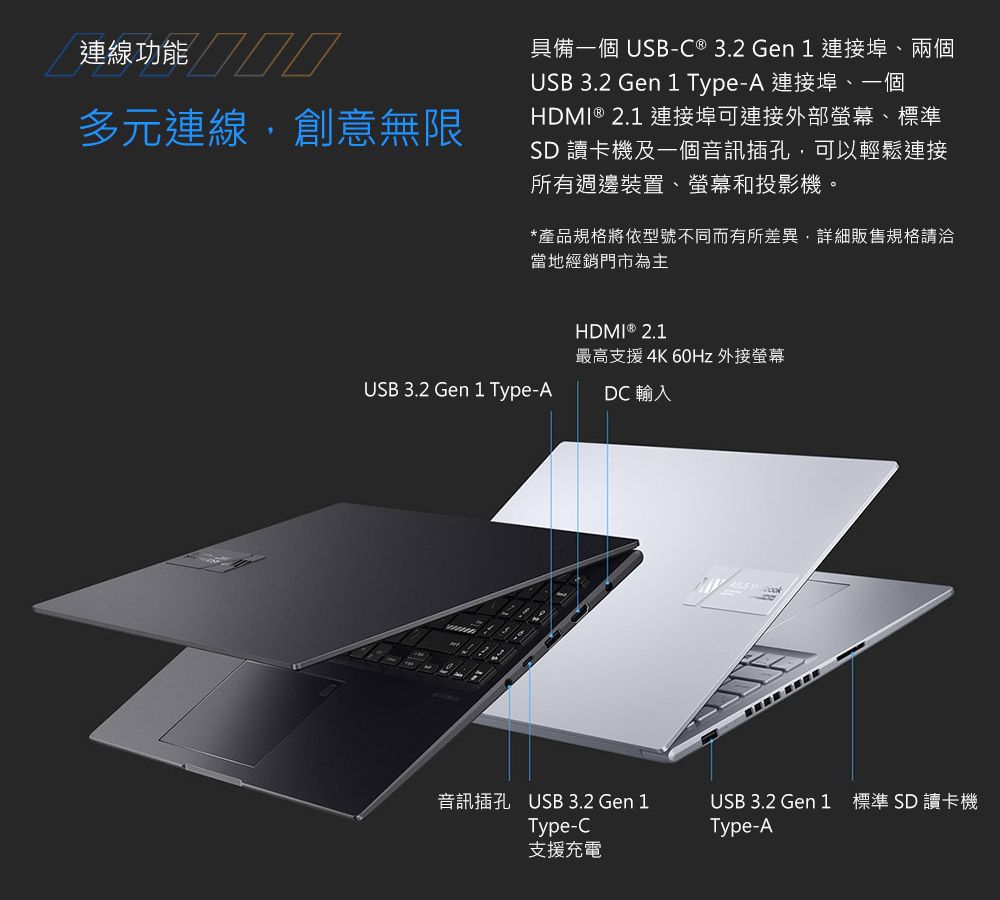 連線功能多元連線,創意無限具備一個 USB-C ® 3.2 Gen 1 連接埠、兩個USB 3.2 Gen 1 Type-A 連接埠、一個HDMI ® 2.1 連接埠可連接外部螢幕、標準SD 讀卡機及一個音訊插孔,可以輕鬆連接所有週邊裝置、螢幕和投影機。*產品規格將依型號不同而有所差異,詳細販售規格請洽當地經銷門市為主USB 3.2 Gen 1 Type-AHDMI ® 2.1最高支援4K 60Hz 外接螢幕DC 輸入音訊插孔 USB 3.2 Gen 1Type-C支援充電USB 3.2 Gen 1 標準SD讀卡機Type-A