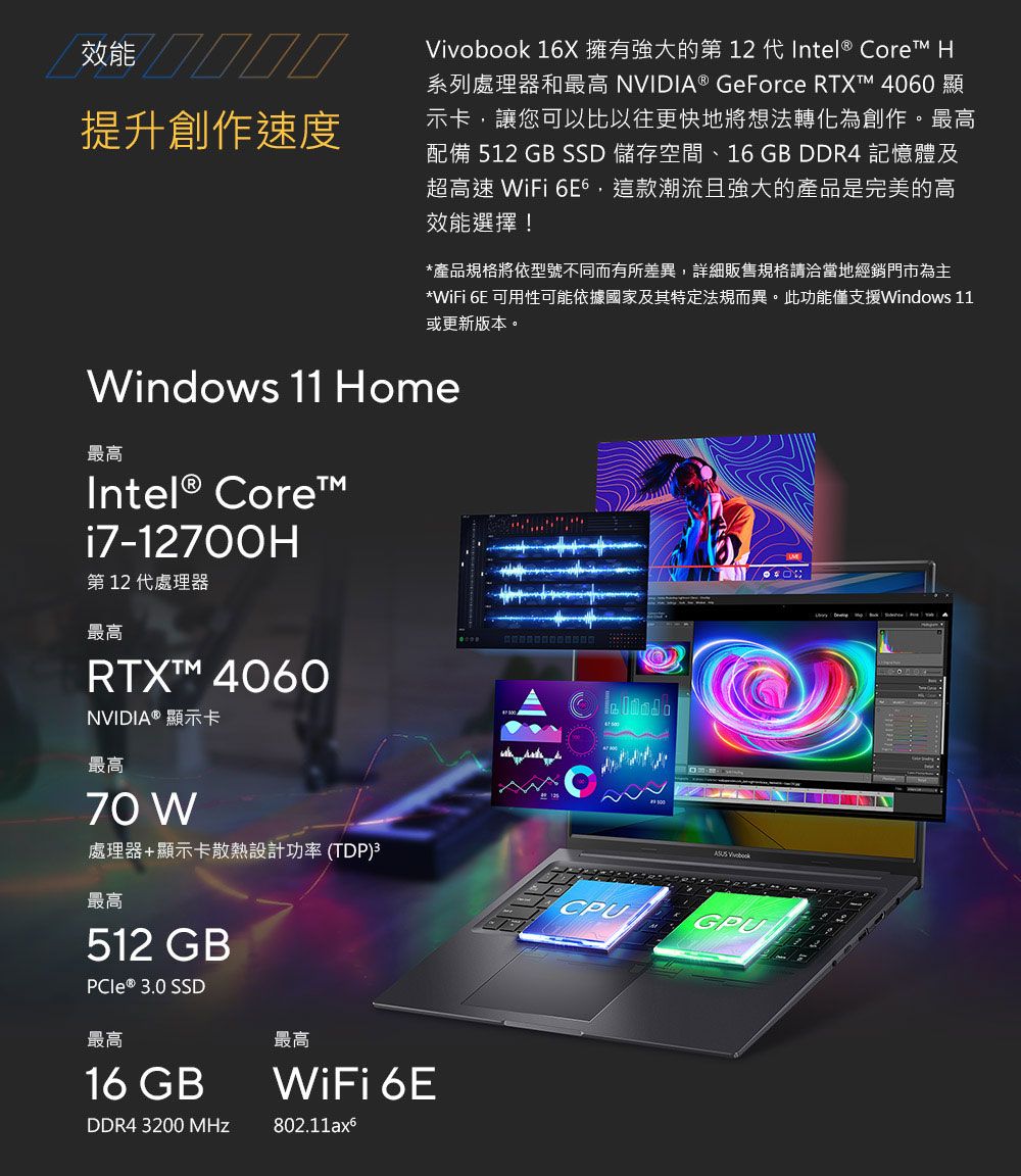 效能 提升創作速度obook 16X 擁有強大的第  代Intel® Core H系列處理器和最高 NVIDIA® GeForce RTXT 4060 顯示卡讓您可以比以往更快地將想法轉化為創作。最高配備 512 GB SSD 儲存空間、16 GB DDR4 記憶體及超高速 iFi 6E6,這款潮流且強大的產品是完美的高效能選擇!*產品規格將依型號不同而有所差異,詳細販售規格請洽當地經銷門市為主*WiFi 6E 可用性可能依據國家及其特定法規而異。此功能僅支援Windows 11或更新版本。Windows 11 Home最高Intel® Corei7-12700H第12代處理器最高RTX 4060NVIDIA® 顯示卡最高70 W處理器+顯示卡散熱設計功率(TDP)最高512 GB ® 3.0 SSD最高16 GB最高WiFi 6EDDR4 3200 802.11ax6 VivCPUGPU