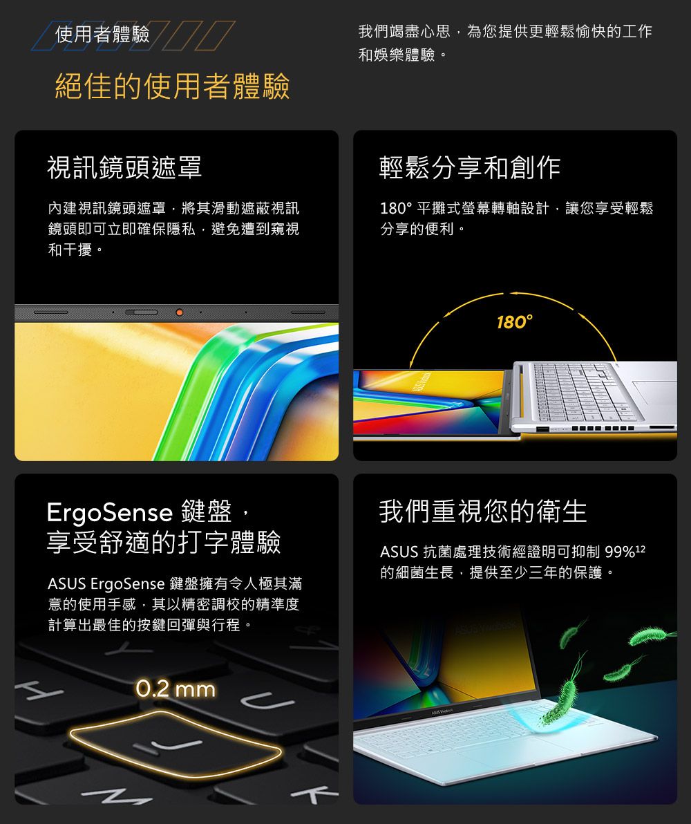 使用者體驗 絕佳的使用者體驗視訊鏡頭遮罩內建視訊鏡頭遮罩將其滑動遮蔽視訊鏡頭即可立即確保隱私避免遭到窺視和干擾。我們竭盡心思為您提供更輕鬆愉快的工作和娛樂體驗。輕鬆分享和創作180平攤式螢幕轉軸設計,讓您享受輕鬆分享的便利。180°Ergoense 鍵盤,享受舒適的打字體驗 ErgoSense 鍵盤擁有令人極其滿意的使用手感,其以精密調校的精準度計算出最佳的按鍵回彈與行程。我們重視您的衛生ASUS 抗菌處理技術經證明可抑制 99%12的細菌生長,提供至少三年的保護。ASUS S0.2 mm