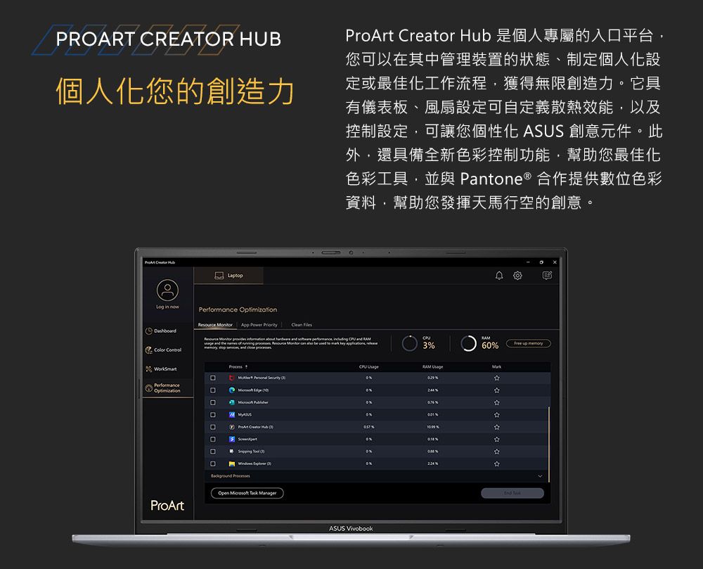 PROART CREATOR HUB個人化您的創造力  Hu 是個人專屬的入平台您可以其中管理裝置的狀態、制定個人化設定或最佳化工作流程獲得無限創造力。它具有儀表板、風扇設定可自定義散熱效能以及控制設定,可讓您個性化 ASUS 創意元件。此外,還具備全新色彩控制功能,幫助您最佳化色彩工具,並與 Pante ® 作提供數位色彩資料,幫助您發揮天馬行空的創意。  b D in now   App  PriorityClean       and  ,   and 6 up  PerformanceOptimization    RAM 合ProArt在 ProArt Creator  3% on口  0%%    ASUS Vivobook