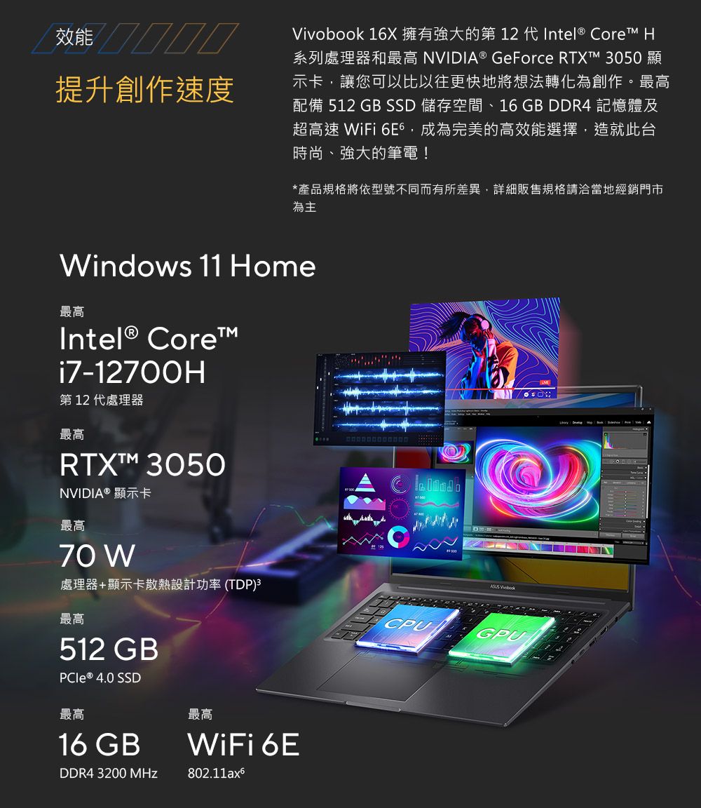 效能 提升創作速度obook 16X 擁有強大的第 12 代Intel® Core H系列處理器和最高 NVIDIA® GeForce RTX 3050 顯示卡讓您可以比以往更快地將想法轉化為創作。最高配備 512 GB SSD 儲存空間、16 GB DDR4 記憶體及超高速 iFi 成為完美的高效能選擇,造就此台時尚、強大的筆電!*產品規格將依型號不同而有所差異,詳細販售規格請洽當地經銷門市為主Windows 11 Home最高Intel® Corei7-12700H第12代處理器最高 3050NVIDIA® 顯示卡最高70 W處理器+顯示卡散熱設計功率(TDP)最高512 GB ® 4.0 SSD最高16 GBDDR4 3200 MHz最高WiFi 6E802.11ax6 VivCPUGPU