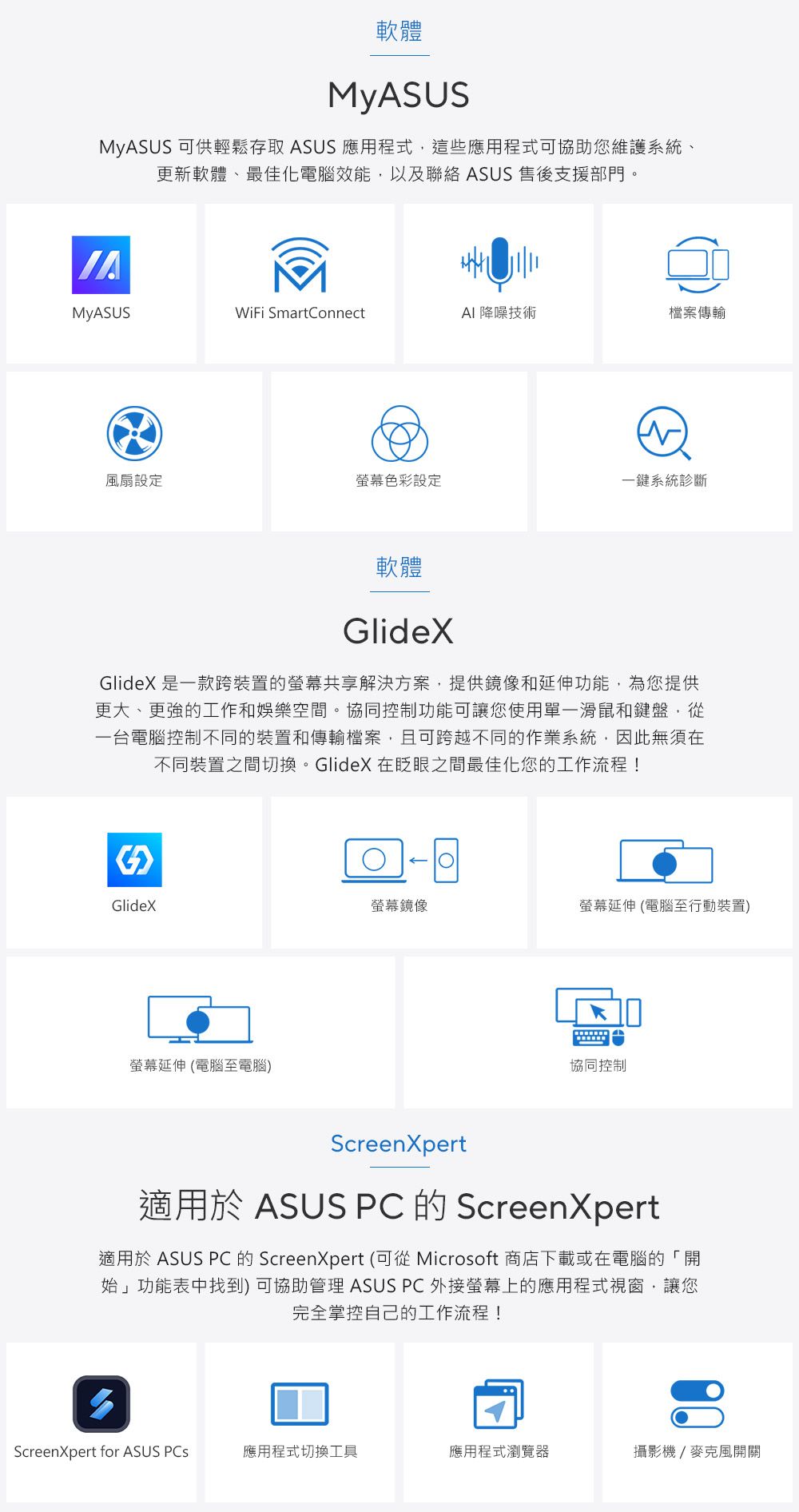 軟體MyASUSMyASUS 可供輕鬆存取 ASUS 應用程式這些應用程式可協助您維護系統更新軟體、最佳化電腦效能,以及聯絡 ASUS 售後支援部門。MYASUSWiFi SmartConnectAI 降噪技術檔案傳輸風扇設定色彩設定一鍵系統診斷軟體GlideXGlideX 是一款跨裝置的螢幕共享解決方案,提供鏡像和延伸功能,為您提供更大、更強的工作和娛樂空間。協同控制功能可讓您使用單一滑鼠和鍵盤,從一台電腦控制不同的裝置和傳輸檔案,且可跨越不同的作業系統,因此無須在不同裝置之間切換。GlideX 在眨眼之間最佳化您的工作流程!GlideX螢幕鏡像螢幕延伸 (電腦至行動裝置)螢幕延伸 (電腦至電腦)協同控制ScreenXpert適用於 ASUS PC 的 ScreenXpert適用於 ASUS PC 的 ScreenXpert (可從 Microsoft 商店下載或在電腦的「開始」功能表中找到)可協助管理 ASUS PC 外接螢幕上的應用程式視窗,讓您完全掌控自己的工作流程!ScreenXpert for ASUS 應用程式切換工具應用程式瀏覽器攝影機/麥克風開關
