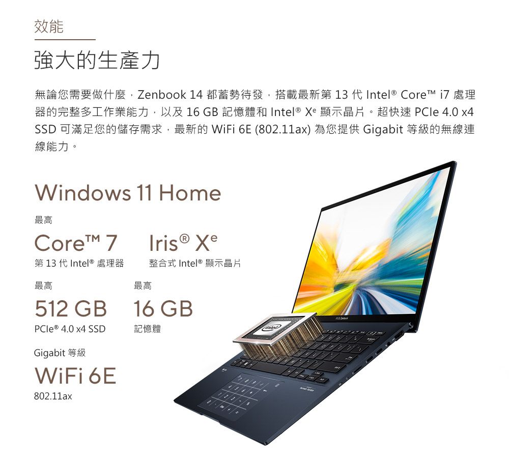 效能強大的生產力無論您需要做什麼,Zenbook 14 都蓄勢待發,搭載最新第13 代 Intel® Core™ i7 處理器的完整多工作業能力,以及16GB記憶體和 Intel®  顯示晶片。超快速 PCle 4.0 x4SSD 可滿足您的儲存需求,最新的WiFi 6E (802.11ax) 為您提供 Gigabit 等級的無線連線能力。Windows 11 Home最高Core™ 7第13代 Intel® 處理器最高512 GB最高Iris® Xe整合式 Intel® 顯示晶片16 GBPCIe ® 4.0 x4 SSD記憶體Gigabit 等級WiFi 6E802.11ax