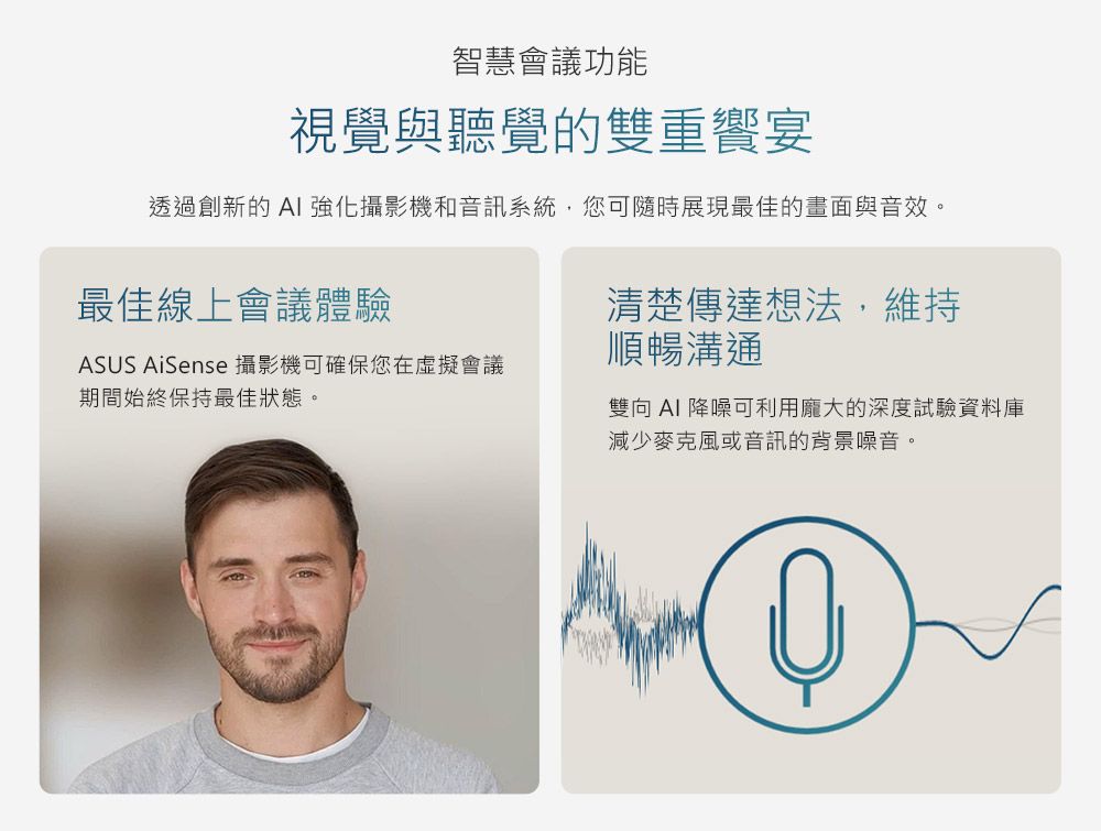 智慧會議功能視覺與聽覺的雙重饗宴透過創新的 強化攝影機和音訊系統,您可隨時展現最佳的畫面與音效。最佳線上會議體驗清楚傳達想法,維持ASUS AiSense 攝影機可確保您在虛擬會議順暢溝通期間始終保持最佳狀態。雙向 AI 降噪可利用龐大的深度試驗資料庫減少麥克風或音訊的背景噪音。