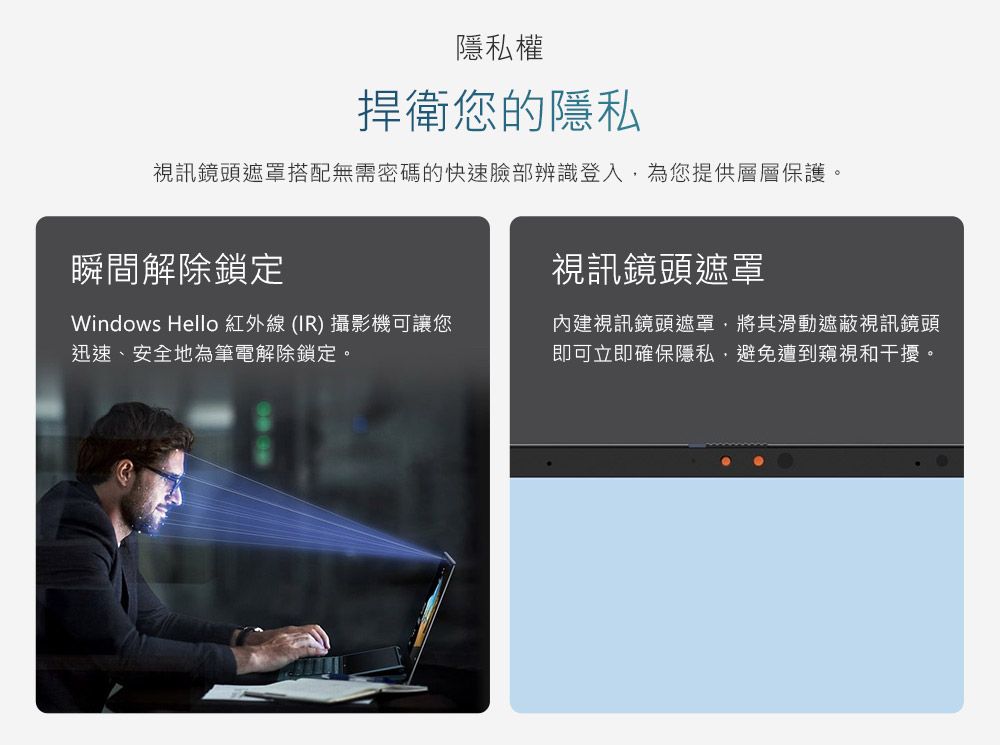 隱私權捍衛您的隱私視訊鏡頭遮罩搭配無需密碼的快速臉部辨識登入為您提供層層保護。瞬間解除鎖定視訊鏡頭遮罩Windows Hello 紅外線(IR) 攝影機可讓您迅速、安全地為筆電解除鎖定。內建視訊鏡頭遮罩,將其滑動遮蔽視訊鏡頭即可立即確保隱私,避免遭到窺視和干擾。