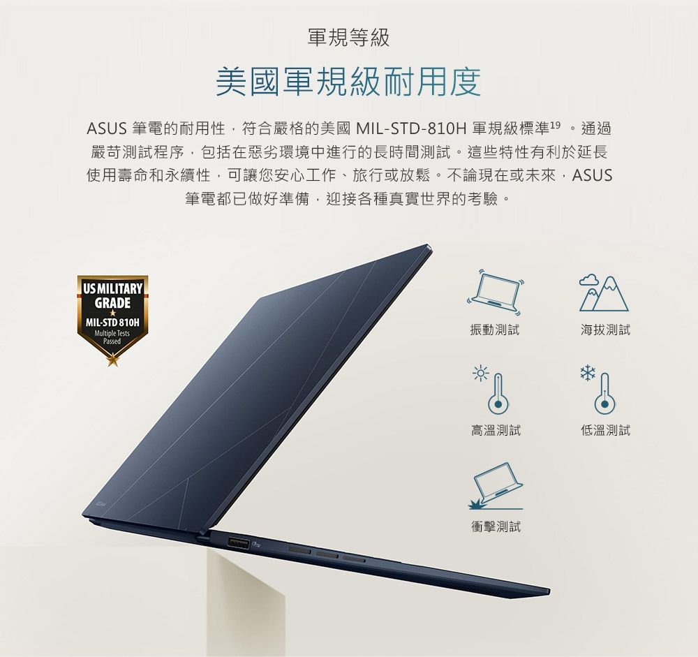 軍規等級美國軍規級耐用度ASUS 筆電的耐用性符合嚴格的美國 MIL-STD-810H 軍規級標準19 通過嚴苛測試程序包括在惡劣環境中進行的長時間測試。這些特性有利於延長使用壽命和永續性,可讓您安心工作、旅行或放鬆。不論現在或未來,ASUS筆電都已做好準備,迎接各種真實世界的考驗。US MILITARYGRADEMIL-STD 810HMultiple TestsPassed振動測試海拔測試高溫測試低溫測試衝擊測試