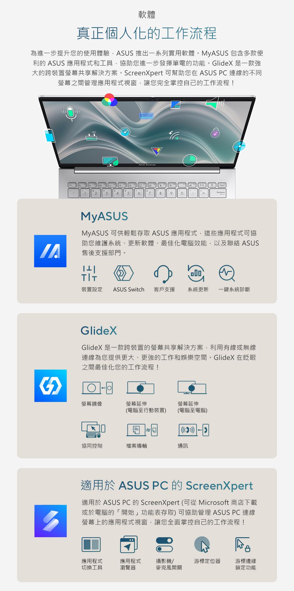 軟體真正個人化的工作流程為進一步提升您的使用體驗 推出一系列實用軟體。MyASUS 包含多款便利的 ASUS 應用程式和工具,協助您進一步發揮筆電的功能。GlideX 是一款大的跨裝置共享解決方案。reenXpert 可幫助您在 ASUS PC 連線的不同螢幕之間管理應用程式視窗,讓您完全掌控自己的工作流程!ASUS Sc2345 678 9 MyASUSMyASUS 可供輕鬆存取 ASUS 應用程式,這些應用程式可協助您維護系統更新軟體、最佳化電腦效能,以及聯絡 ASUS售後支援部門。TIT裝置設定 ASUS Switch客戶支援系統更新 一鍵系統診斷GlideXGlideX 是一款跨裝置的螢幕共享解決方案,利用有線或無線連線為您提供更大、更強的工作和娛樂空間。GlideX 在眨眼之間最佳化您的工作流程!螢幕鏡像螢幕延伸(電腦至行動裝置)螢幕延伸(電腦至電腦)協同控制檔案傳輸通訊適用於 ASUS PC 的 ScreenXpert適用於 ASUS PC 的 ScreenXpert (可從 Microsoft 商店下載或於電腦的「開始」功能表存取)可協助管理 ASUS PC連線螢幕上的應用程式視窗,讓您全面掌控自己的工作流程!應用程式切換工具應用程式瀏覽器攝影機/游標定位器游標邊緣麥克風開關鎖定功能