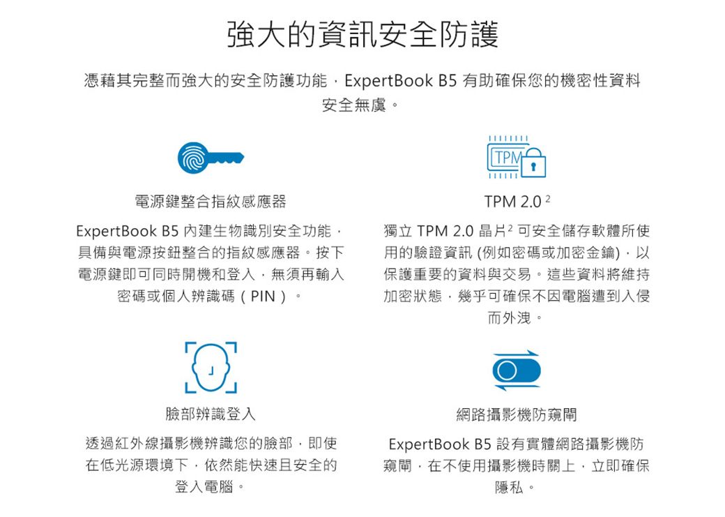 強大的資訊安全防護憑藉其完整而強大的安全防護功能 ExpertBook B5 有助確保您的機密性資料安全無虞電源鍵整合指紋感應器ExpertBook B5內建生物識別安全功能具備與電源整合的指紋感應器。按下電源鍵即可同時開機和登入無須再輸入密碼或個人辨識碼(PIN)。TPMTPM 2.0 2獨立 TPM 2.0 晶片可安全儲存軟體所使用的驗證資訊(例如密碼或加密金鑰),保護重要的資料與交易。這些資料將維持加密狀態,幾乎可確保不因電腦遭到入侵而外洩。臉部辨識登入透過紅外線攝影機辨識您的臉部,即使在低光源環境下,依然能快速且安全的登入電腦。網路攝影機防窺閘ExpertBook B5設有實體網路攝影機防窺閘,在不使用攝影機時關上,立即確保隱私。