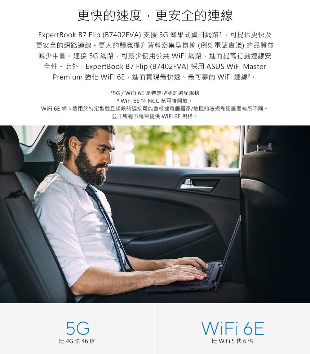 更快的速度更安全的連線ExpertBook B7 Flip (B7402FVA)支援5G蜂巢式資料網路可提供更快及更安全的網路連線。更大的頻寬提升資料密集型傳輸 (例如電話會議) 的品質並減少中斷。連接5G網路,可減少使用公共 WiFi網路,進而提高行動連線安全性。此外,ExpertBook B7 Flip (B7402FVA) 採用 ASUS WiFi MasterPremium 強化 WiFi 6E,進而實現最快速、最可靠的WiFi連線。*5G/WiFi6E是特定型號的選配規格* WiFi 6E  NCC核可後開放。WiFi 6E 網卡適用於特定型號且頻段的連接可能會根據每個國家/地區的法規和認證而有所不同。並非所有市場皆提供 WiFi 6E 規格。5G4G快 46倍WiFi 6E比 WiFi 5快6倍