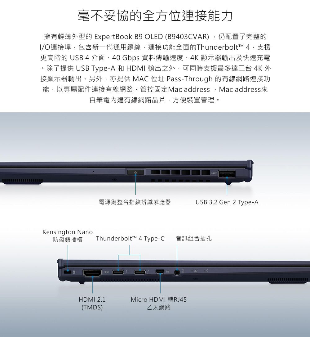 毫不妥協的全方位連接能力擁有輕薄型的 ExpertBook B9 OLED (B9403CVAR)仍配置了完整的I/O連接埠,包含新一代通用纜線,連接功能全面的Thunderbolt™ 4,支援更高階的 USB 4介面、40 Gbps 資料傳輸速度、4K 顯示器輸出及快速充電除了提供 USB Type-A 和  輸出之外,可同時支援最多達三台 4K外接顯示器輸出。另外,亦提供 MAC位址 Pass-Through 的有線網路連接功能,以專屬配件連接有線網路,管控固定Mac address, Mac address 來自筆電內建有線網路晶片,方便裝置管理。電源鍵整合指紋辨識感應器USB 3.2 Gen 2 Type-AKensington Nano防盜鎖插槽Thunderbolt™ 4 Type-C 音訊組合插孔HDMIHDMI 2.1(TMDS)Micro HDMI 轉RJ45乙太網路。