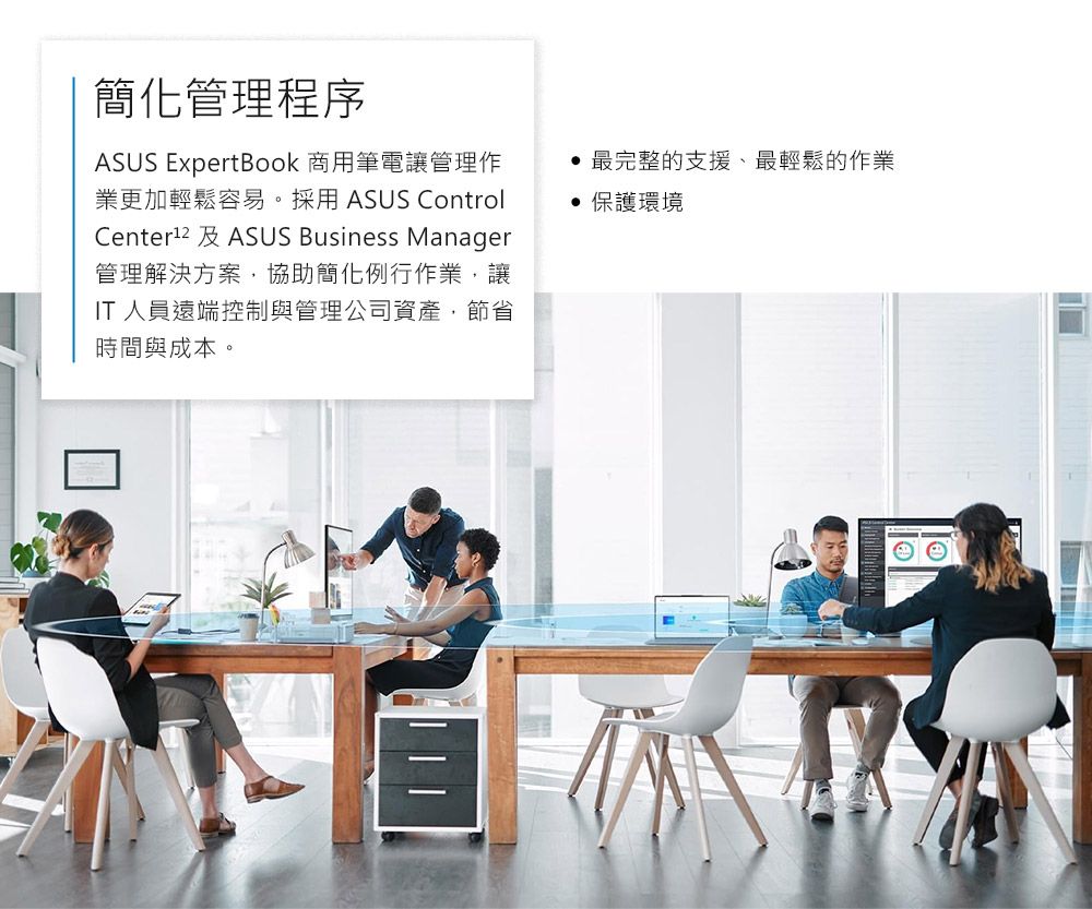 簡化管理程序ASUS ExpertBook 商用筆電讓管理作業更加輕鬆容易。採用ASUS Control ASUS Business Manager管理解決方案,協助簡化例行作業,讓IT 人員遠端控制與管理公司資產,節省時間與成本。最完整的支援、最輕鬆的作業 保護環境