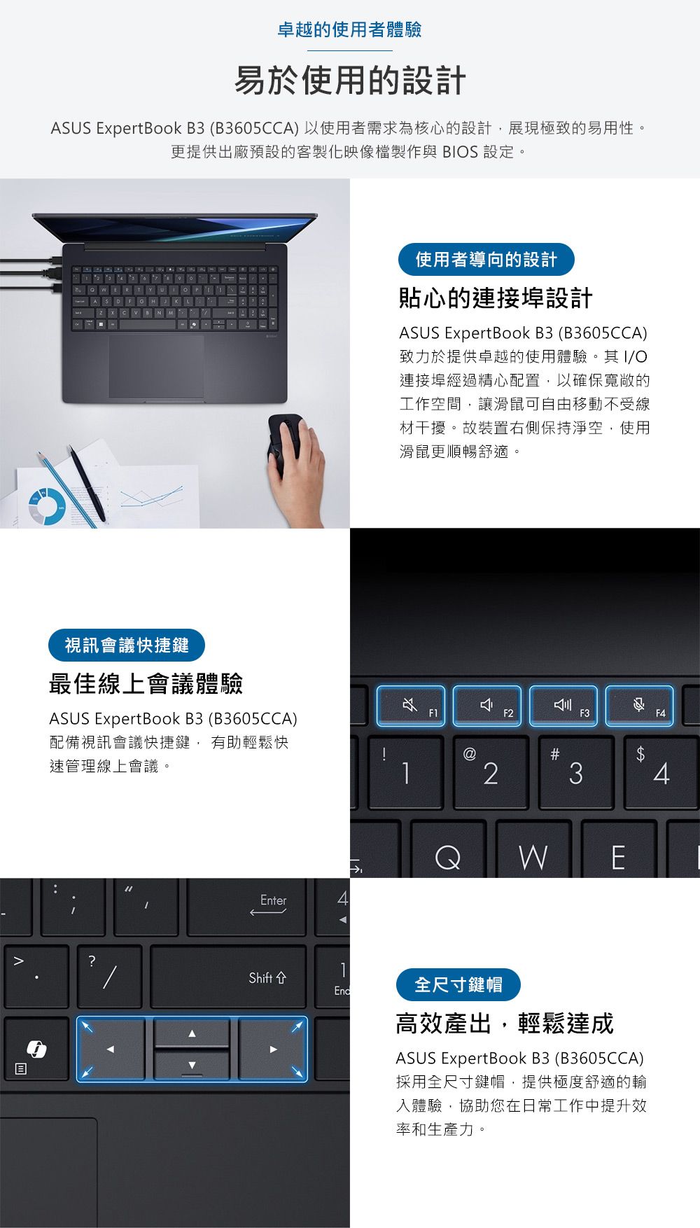 卓越的使用者體驗易於使用的設計SUS ExpertBook B3 (B3605CCA)以使用者需求為核心的設計展現極致的易用性。更提供出廠預設的客製化映像檔製作與 BS 設定。使用者導向的設計貼心的連接埠設計ASUS ExpertBook B3 (B3605CCA)致力於提供卓越的使用體驗。其I/O連接埠經過精心配置,以確保寬敞的工作空間,讓滑鼠可自由移動不受線材干擾。故裝置右側保持淨空,使用滑鼠更順暢舒適。視訊會議快捷鍵最佳線上會議體驗ASUS ExpertBook B3 (B3605CCA)配備視訊會議快捷鍵,有助輕鬆快速管理線上會議。F1!@1AF2F3F2#3WEEnter4?Shift全尺寸鍵帽高效產出,輕鬆達成ASUS ExpertBook B3 (B3605CCA)採用全尺寸鍵帽,提供極度舒適的輸入體驗,協助您在日常工作中提升效率和生產力。$
