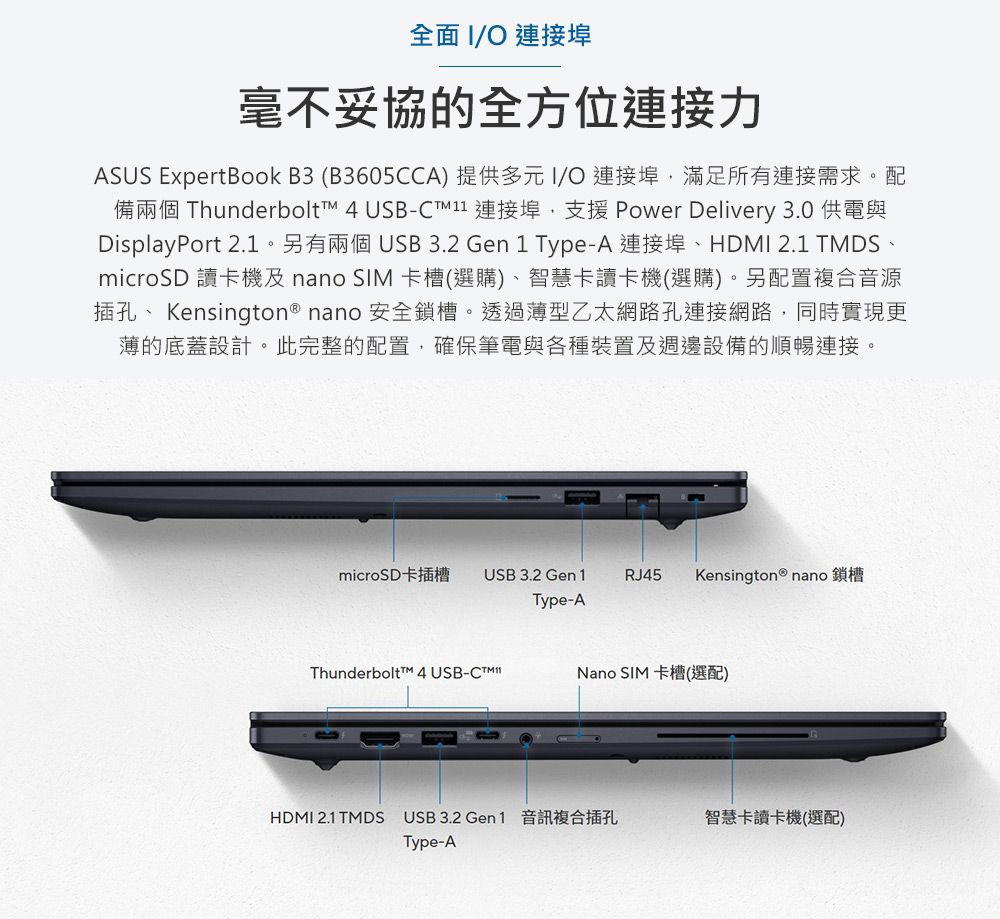全面 / 連接埠毫不妥協的全方位連接力ASUS ExpertBook B3(B3605CCA)提供多元I/O連接埠滿足所有連接需求。配備 Thunderbolt 4 USB- 連接埠,支援 Power Delivery 3.0 供電與DisplayPort 2.1。另有兩個 USB  Gen 1 Type-A 連接埠、HDMI 2.1 TMDS、microSD 讀卡機及 nano SIM 卡槽(選購)、智慧卡讀卡機(選購)。另配置複合音源插孔、 Kensington® nano 安全鎖槽。透過薄型乙太網路孔連接網路,同時實現更薄的底蓋設計。此完整的配置,確保筆電與各種裝置及週邊設備的順暢連接。microSD卡插槽 USB 3.2 Gen1RJ45Kensington ® nano 鎖槽Type-AThunderbolt™ 4 USB-Nano SIM 卡槽(選配)HDMI 2.1 TMDSUSB 3.2 Gen1 音訊複合插孔Type-A智慧卡讀卡機(選配)