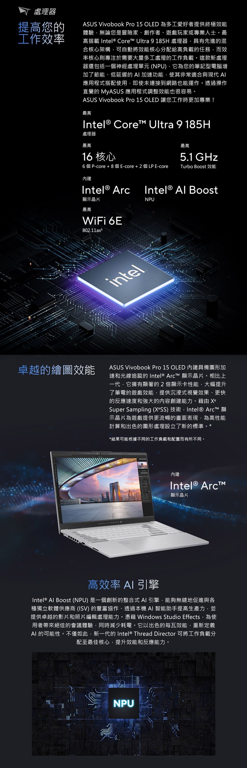 處理器提高您的工作效率 Vivobook Pro 15 OLED 為多工愛好者提供終極效能體驗無論您是冒險家、創作者、遊戲玩家或專業人士。最高搭載 Intel® Core Ultra 9 185H 處理器具有先進的混合核心架構可自動將效能核心分配給高負載的任務而效率核心則專注於需要大量多工處理的工作負載。這款新處理器還包括一個神經處理單元 (NPU)它為您的筆記型電腦增加了節能、低延遲的 加速功能使其非常適合與現代 應用程式搭配使用,即使未連接到網路也能運作。透過操作直覺的 MyASUS 應用程式調整效能也很容易。ASUS Vivobook Pro 15 OLED 讓您工作時更加專業!最高Intel® Core Ultra 9 185H處理器最高16 核心6個P-core + 8個E-core+2個LPE-core最高5.1GHzTurbo Boost 效能內建Intel® Arc顯示晶片最高WiFi 6E802.11ax5卓越的繪圖效能intelIntel®  BoostNPUASUS Vivobook Pro 15 OLED 內建具備圖形加速和光線的 Intel® ™ 顯示晶片。相比上一代,它擁有顯著的2倍顯示卡性能,大幅提升了筆電的遊戲效能,提供沉浸式視覺效果、更快的反應速度和強大的內容創建能力。藉由 XeSuper Sampling (XeSS) 技術,Intel® Arct™ 顯示晶片為遊戲提供更流暢的畫面表現,為高性能計算和出色的圖形處理設立了新的標準。*結果可能根據不同的工作負載和配置而有所不同。ASUS 內建Intel® Arc™顯示晶片高效率  引擎Intel® Al Boost (NPU) 是一個創新的整合式 引擎,能夠無縫地促進與各種獨立軟體供應商(ISV)的豐富協作、透過本機 AI 智能助手提高生產力,並提供卓越的影片和照片編輯處理能力。憑藉 Windows Studio Effects,為使用者帶來絕佳的會議體驗,同時減少耗電。它以出色的每瓦效能,重新定義AI 的可能性。不僅如此,新一代的 Intel® Thread Director 可將工作負載分配至最佳核心,提升效能和反應能力。NPU