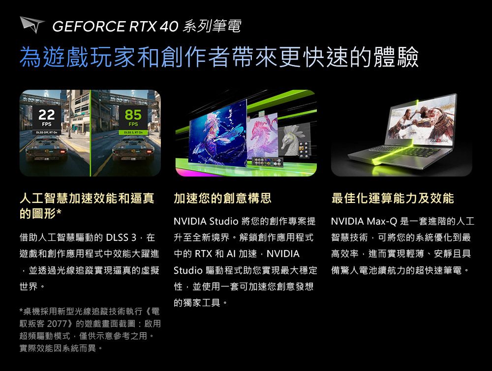 GEFRCE RTX 40 系列筆電為遊戲玩家和創作者帶來更快速的體驗22FPS85FPS  O  人工智慧加速效能和逼真的圖形*借助人工智慧驅動的 DLSS 3.遊戲和創作應用程式中效能大躍進並透過光線追蹤實現逼真的虛擬世界。*桌機採用新型光線追蹤技術執行《電馭叛客 2077》的遊戲畫面截圖:啟用超頻驅動模式僅供示意參考之用。實際效能因系統而異。加速您的創意構思NVIDIA Studio 將您的創作專案提升至全新境界。解鎖創作應用程式中的 RTX 和 AI加速,NVIDIAStudio 驅動程式助您實現最大穩定性,並使用一套可加速您創意發想的獨家工具。最佳化運算能力及效能NVIDIA Max-Q 是一套進階的人工智慧技術,可將您的系統優化到最高效率,進而實現輕薄、安靜且具備驚人電池續航力的超快速筆電。