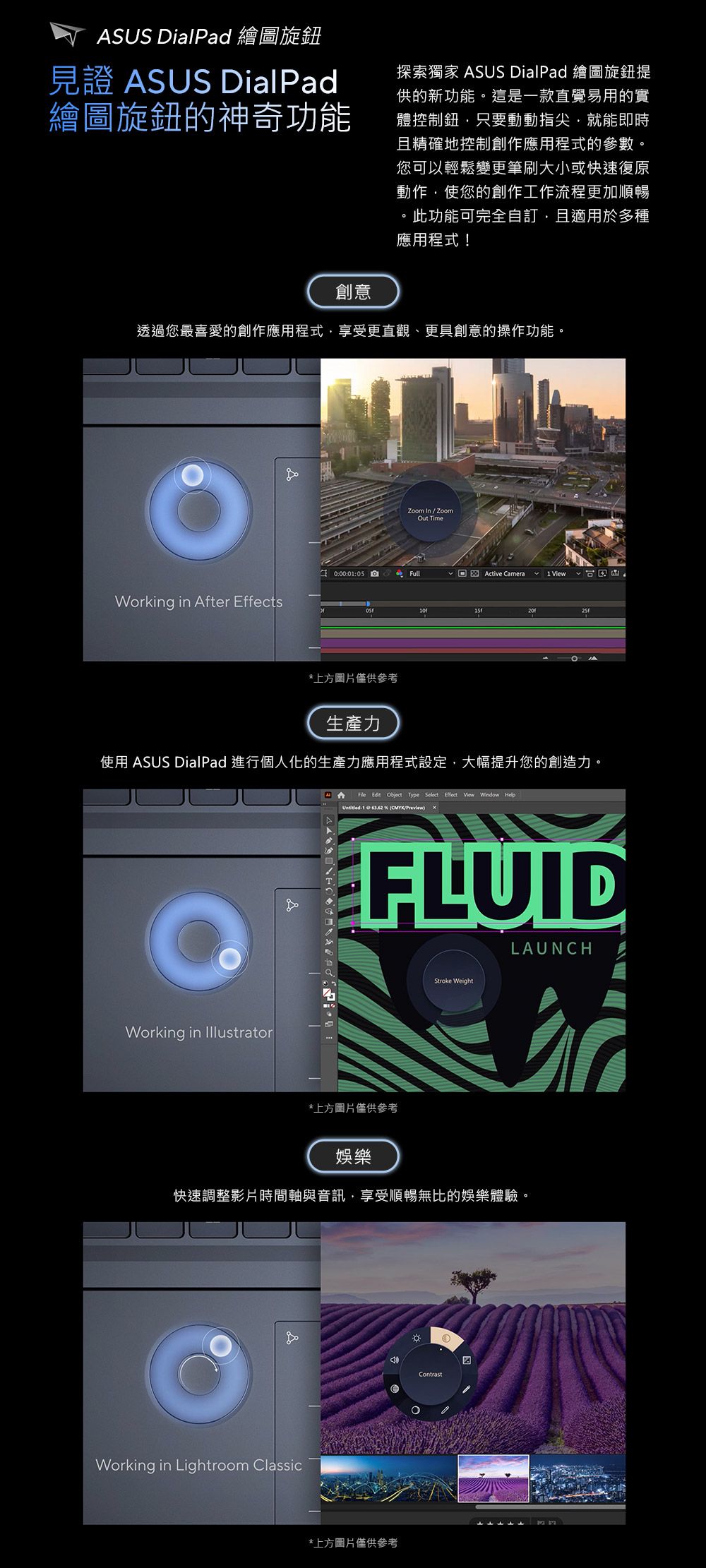 SUS DialPad 繪圖旋鈕見證 ASUS DialPad繪圖旋鈕的神奇功能探索獨家 ASUS DialPad 繪圖旋鈕提供的新功能這是一款直覺易用的實體控制鈕只要動動指尖就能即時且精確地控制創作應用程式的參數。您可以輕鬆變更筆刷大小或快速復原動作使您的創作工作流程更加順暢。此功能可完全自訂,且適用於多種應用程式!創意透過您最喜愛的創作應用程式,享受更直觀、更具創意的操作功能。Working in After EffectsZoom In / ZoomOut Time00:01:05FullA Active amera View*上方圖片僅供參考生產力使用 ASUS DialPad 進行個人化的生產力應用程式設定,大幅提升您的創造力。Working in Illustrator  Object Type Select Effect View Window  CMYK/Preview)   (CFLUIDStroke WeightLAUNCH*上方圖片僅供參考娛樂快速調整影片時間軸與音訊,享受順暢無比的娛樂體驗。Working in Lightroom Classic*上方圖片僅供參考Contrast