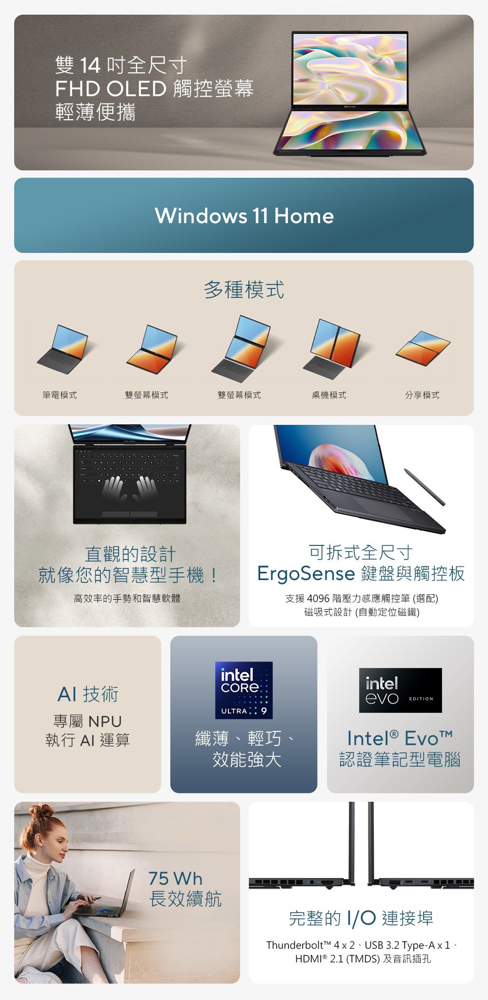 雙 14 全尺寸FHD LED 觸控螢幕輕薄便攜Windows 11 Home多種模式筆電模式雙螢幕模式雙螢幕模式桌機模式分享模式直觀的設計就像您的智慧型手機!高效率的手勢和智慧軟體可拆式全尺寸ErgoSense 鍵盤與觸控板支援406階壓力感應觸控筆(選配)磁吸式設計(自動定位磁鐵)AI技術intelULTRA9專屬 NPU執行 AI運算纖薄、輕巧、效能強大intelevoEDITIONTMIntel® Evo認證筆記型電腦75 Wh長效續航完整的IO 連接埠Thunderbolt™ 4 x 2、USB 3.2 Type-Ax1、HDMI® 2.1 (TMDS) 及音訊插孔