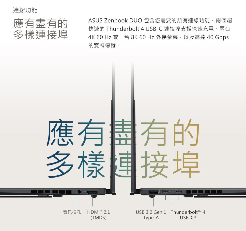 連線功能應有盡有的多樣連接埠ASUS Zenbook DUO 包含您需要的所有連線功能。兩個超快速的 Thunderbolt 4 USB-C 連接埠支援快速充電、兩台4K 60 Hz 或一台 8K 60 Hz 外接螢幕,以及高達 40 Gbps的資料傳輸。應有盡有的多樣連接埠音訊插孔 HDMI  2.1(TMDS)USB 3.2 Gen 1 Thunderbolt™ 4Type-AUSB-C ®