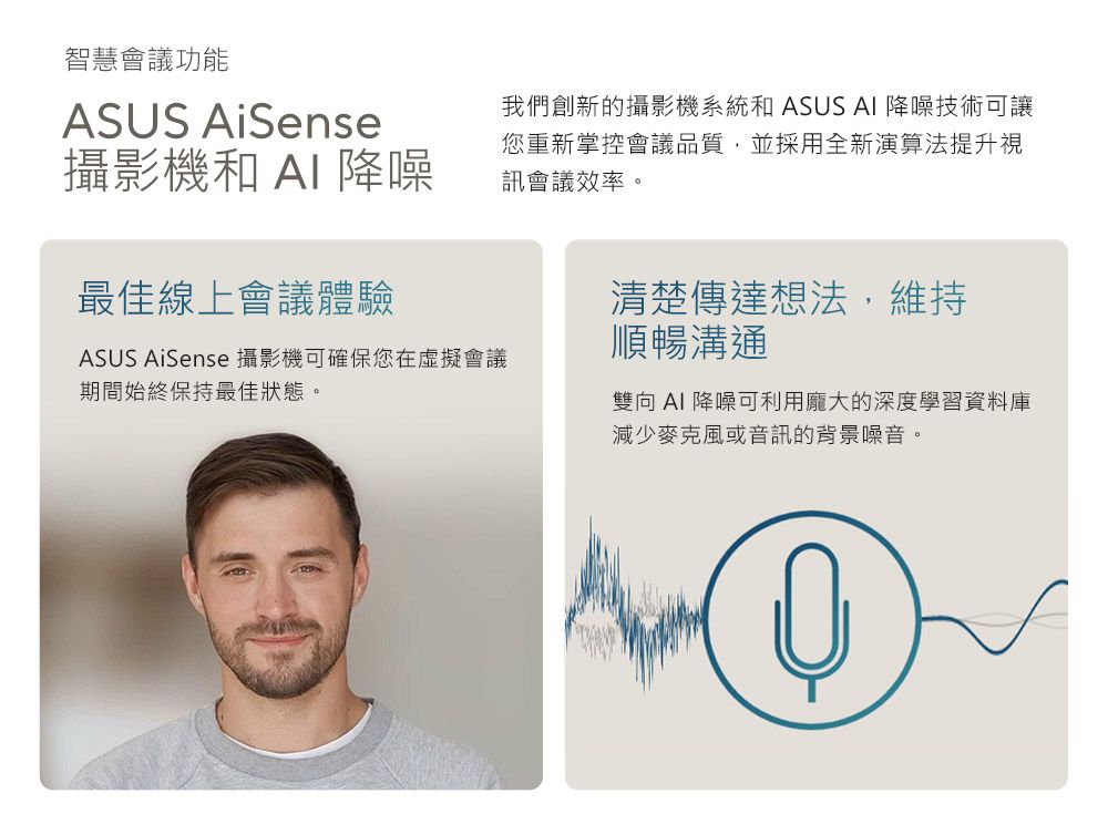 智慧會議功能ASUS AiSense攝影機和 AI 降噪我們創新的攝影機系統和ASUS AI 降噪技術可讓您重新掌控會議品質,並採用全新演算法提升視訊會議效率。最佳線上會議體驗清楚傳達想法,維持ASUS AiSense 攝影機可確保您在虛擬會議期間始終保持最佳狀態。順暢溝通雙向AI 降噪可利用龐大的深度學習資料庫減少麥克風或音訊的背景噪音。