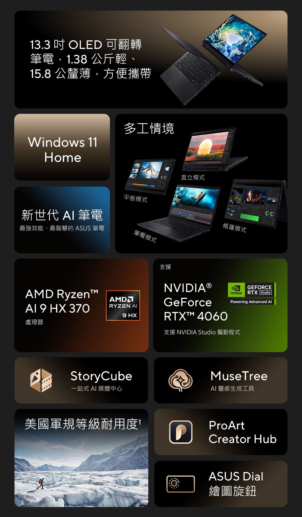 13.3  OLED 可翻轉筆電,1.38 公斤輕15.8 公釐薄,方便攜帶Windows 11Home多工情境直立模式平板模式新世代  筆電最強效能、最智慧的 ASUS 筆電筆電模式AMD RyzentAMD  HX 370RYZEN AI9 HX處理器StoryCube一站式AI 媒體中心美國軍規等級耐用度帳篷模式支援NVIDIA®GeForceRTX 4060GEFORCENVIDIA RTX StudioPowering Advanced 支援 NVIDIA Studio 驅動程式MuseTreeAI 靈感生成工具ProArtCreator HubASUS Dial繪圖旋鈕