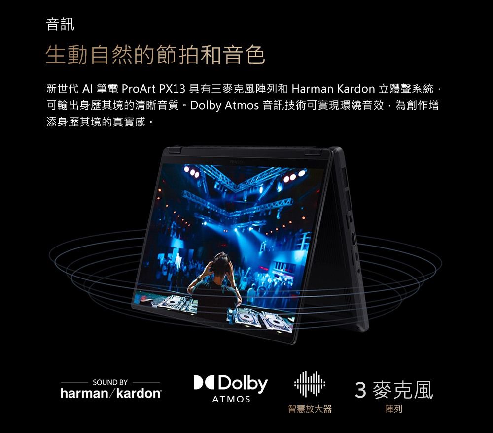 音訊生動自然的節拍和音色新世代  筆電 ProArt PX13 具有三麥克風陣列和 Harman Kardon 立體聲系統可輸出身歷其境的清晰音質。Dolby Atmos 音訊技術可實現環繞音效,為創作增添身歷其境的真實感。SOUND BYharman/kardonDolby3麥克風ATMOS智慧放大器陣列