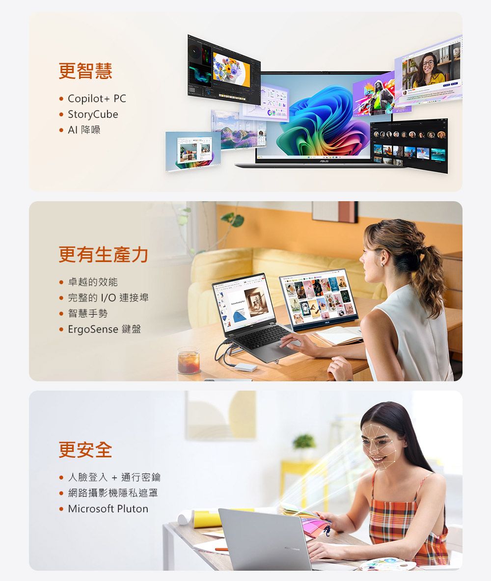 更智慧 Copilot+ PCStoryCube  降噪更有生產力卓越的效能完整的I/O連接埠 智慧手勢ErgoSense 鍵盤更安全 人臉登入 + 通行密鑰網路攝影機隱私遮罩 Microsoft Pluton
