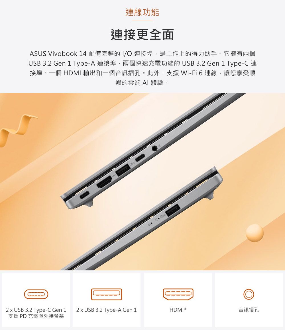 連線功能連接更全面ASUS Vivobook 14 配備完整的I/ 連接埠,是工作上的得力助手。它擁有兩個USB 3.2 Gen 1 Type-A 連接埠、兩個快速充電功能的 USB 3.2 Gen 1 Type-C 連接埠、一個 HDMI 輸出和一個音訊插孔。此外,支援Wi-Fi連線,讓您享受順暢的雲端 AI 體驗。52  USB 3.2 Type-C Gen 12  USB 3.2 Type-A Gen 1HDMI®音訊插孔支援 PD 充電與外接螢幕